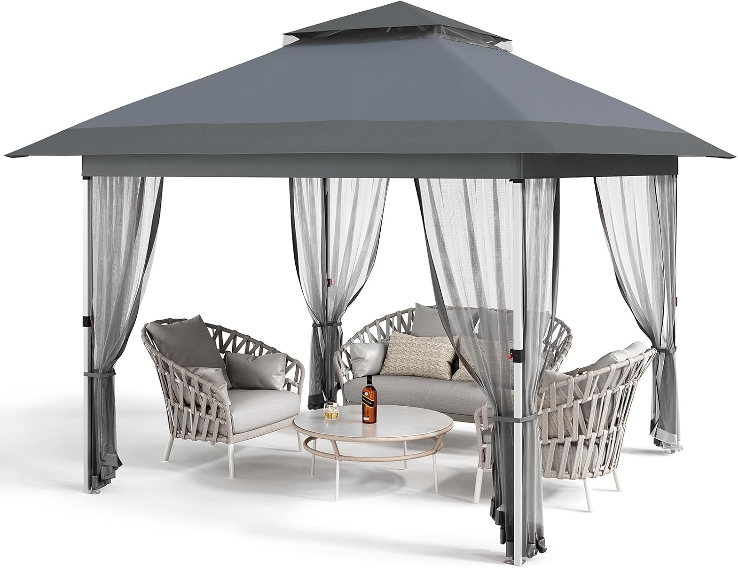 12’x12′ Gazebo Outdoor Pop up Canopy Tent with Curtains and 144 Square Shelter for Patio,Backyard Party, with Mosquito Netting, 2-Tiered Vented Top (Gray) 12’x12′ Gazebo Outdoor Pop up Canopy Tent with Curtains and 144 Square Shelter for Patio,Backyard Party, with Mosquito Netting, 2-Tiered Vented Top (Gray)
