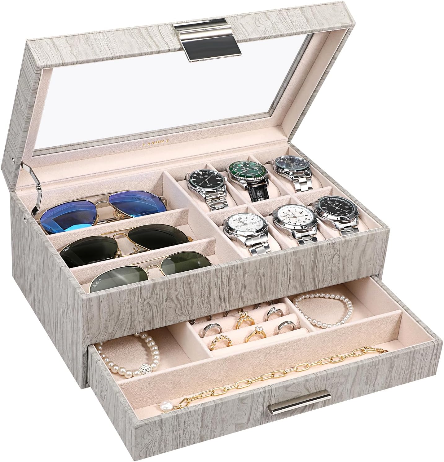 LANDICI Watch Box for Men Women 2 Layer PU Leather Watch Organizer Storage Case,Large Jewelry Box Watch Holder Organizer Display for Watch Sunglasses Bracelet Necklace Ring,Silver Grey & Apricot LANDICI Watch Box for Men Women 2 Layer PU Leather Watch Organizer Storage Case,Large Jewelry Box Watch Holder Organizer Display for Watch Sunglasses Bracelet Necklace Ring,Silver Grey & Apricot