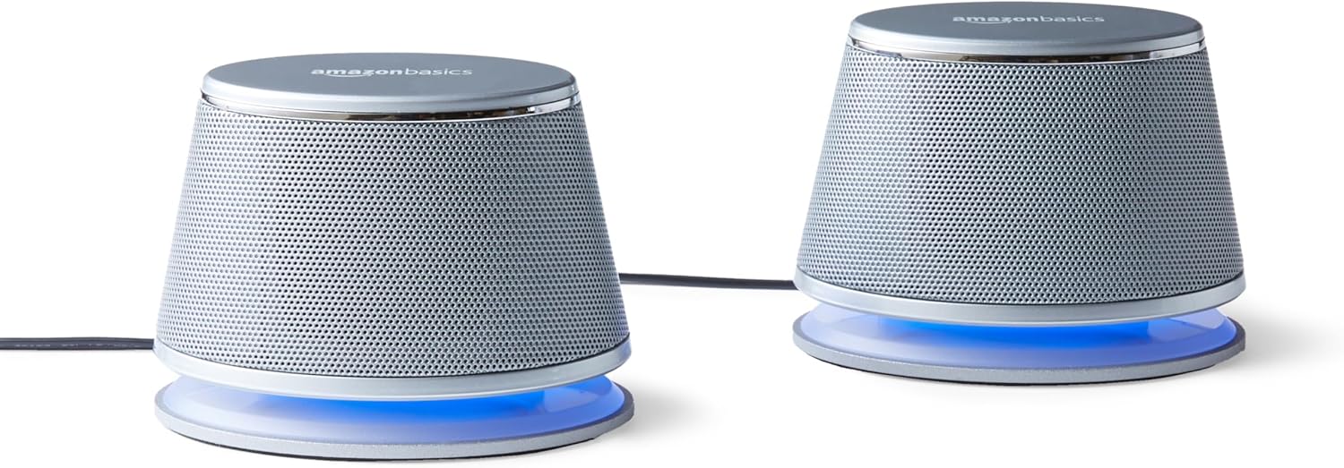 Amazon Basics Stereo 2.0 Speakers for PC or Laptop, 3.5mm Aux input, USB-Powered, 1 Pair, Silver Amazon Basics Stereo 2.0 Speakers for PC or Laptop, 3.5mm Aux input, USB-Powered, 1 Pair, Silver