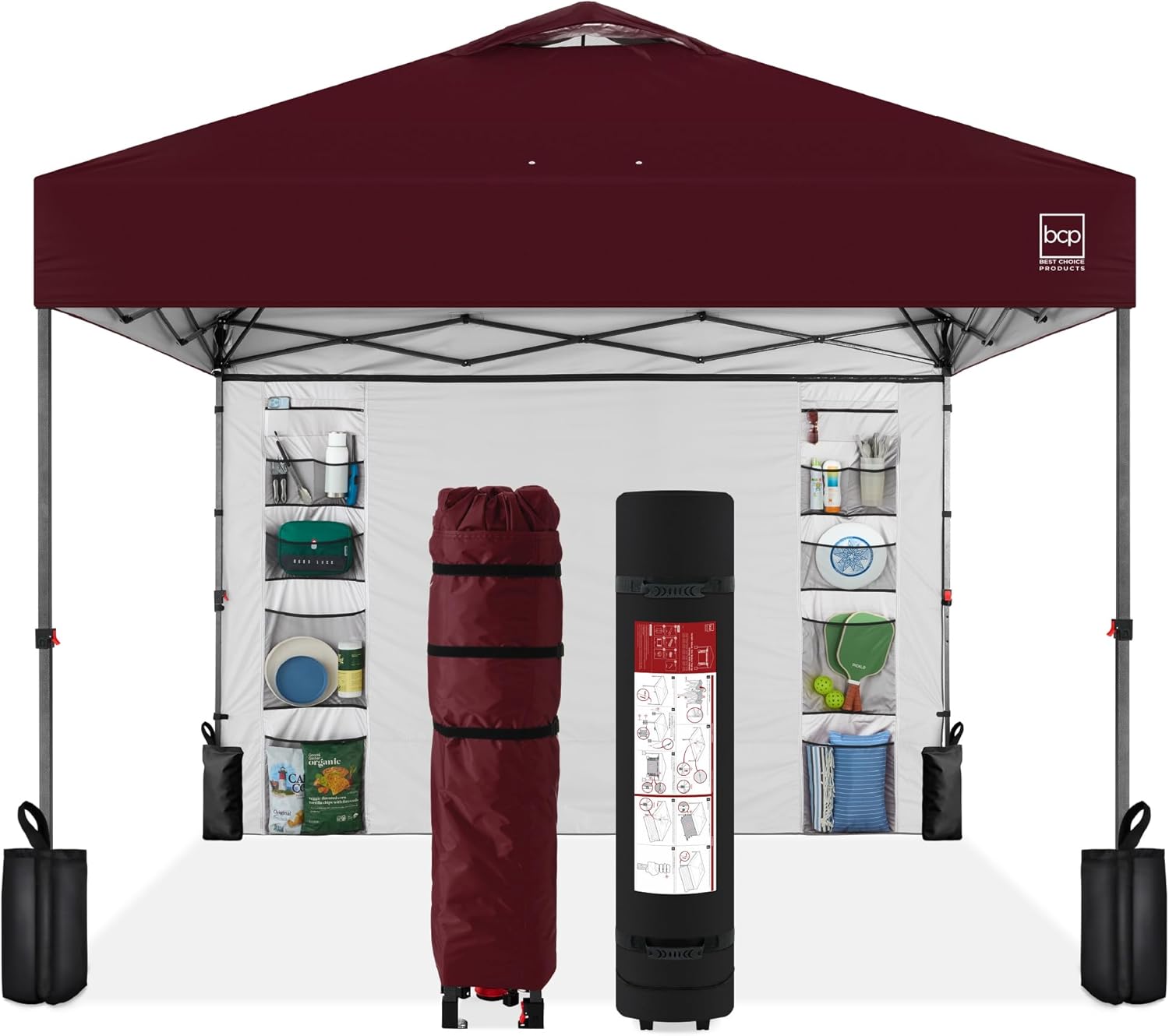 Best Choice Products 10x10ft Easy Pop Up Canopy w/Side Wall, 10 Pockets, Portable Carrying Case, 1-Button Setup, 4 Weight Bags – Burgundy Best Choice Products 10x10ft Easy Pop Up Canopy w/Side Wall, 10 Pockets, Portable Carrying Case, 1-Button Setup, 4 Weight Bags – Burgundy