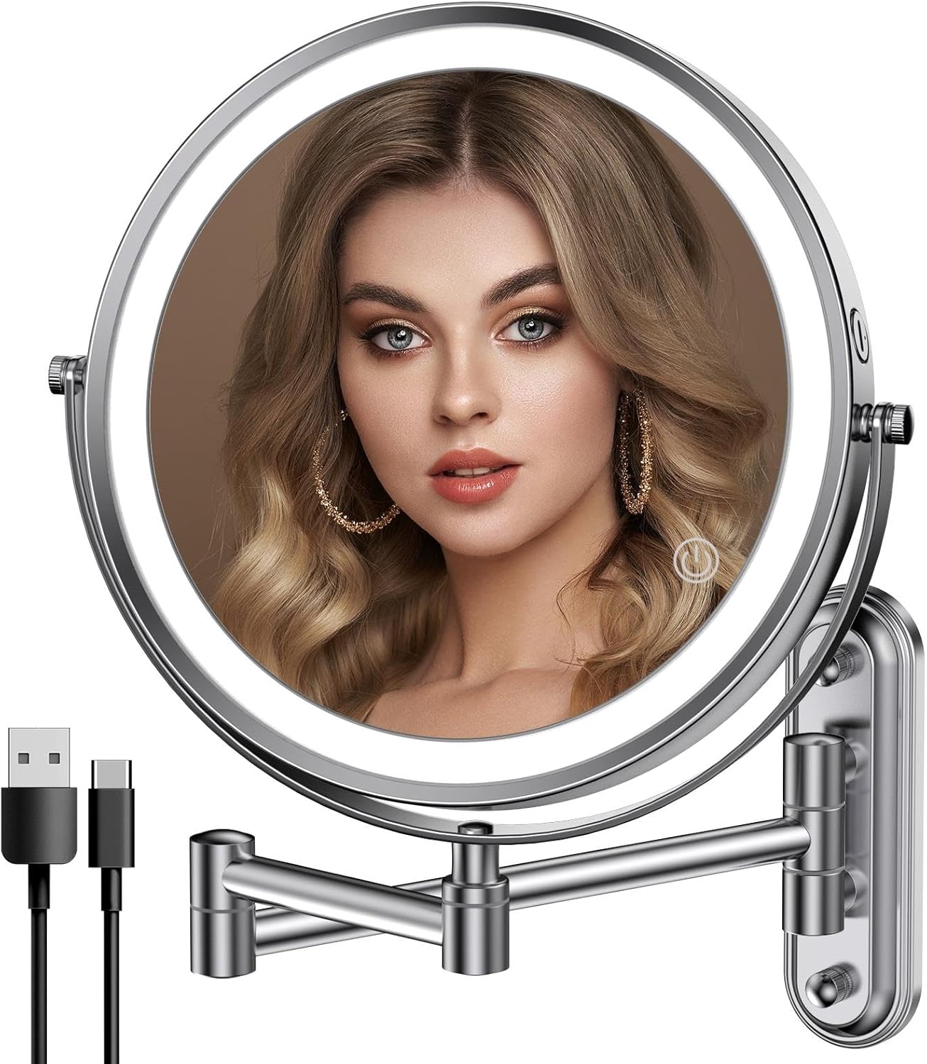 Two-Fingers-Width Narrow Base Rechargeable Wall Mounted Lighted Makeup Mirror,3 Color Lights Dimmable Touch Screen,8 Inch LED Double Sided 1X/10X Magnifying Mirror 13 Inch Retractable Two-Fingers-Width Narrow Base Rechargeable Wall Mounted Lighted Makeup Mirror,3 Color Lights Dimmable Touch Screen,8 Inch LED Double Sided 1X/10X Magnifying Mirror 13 Inch Retractable