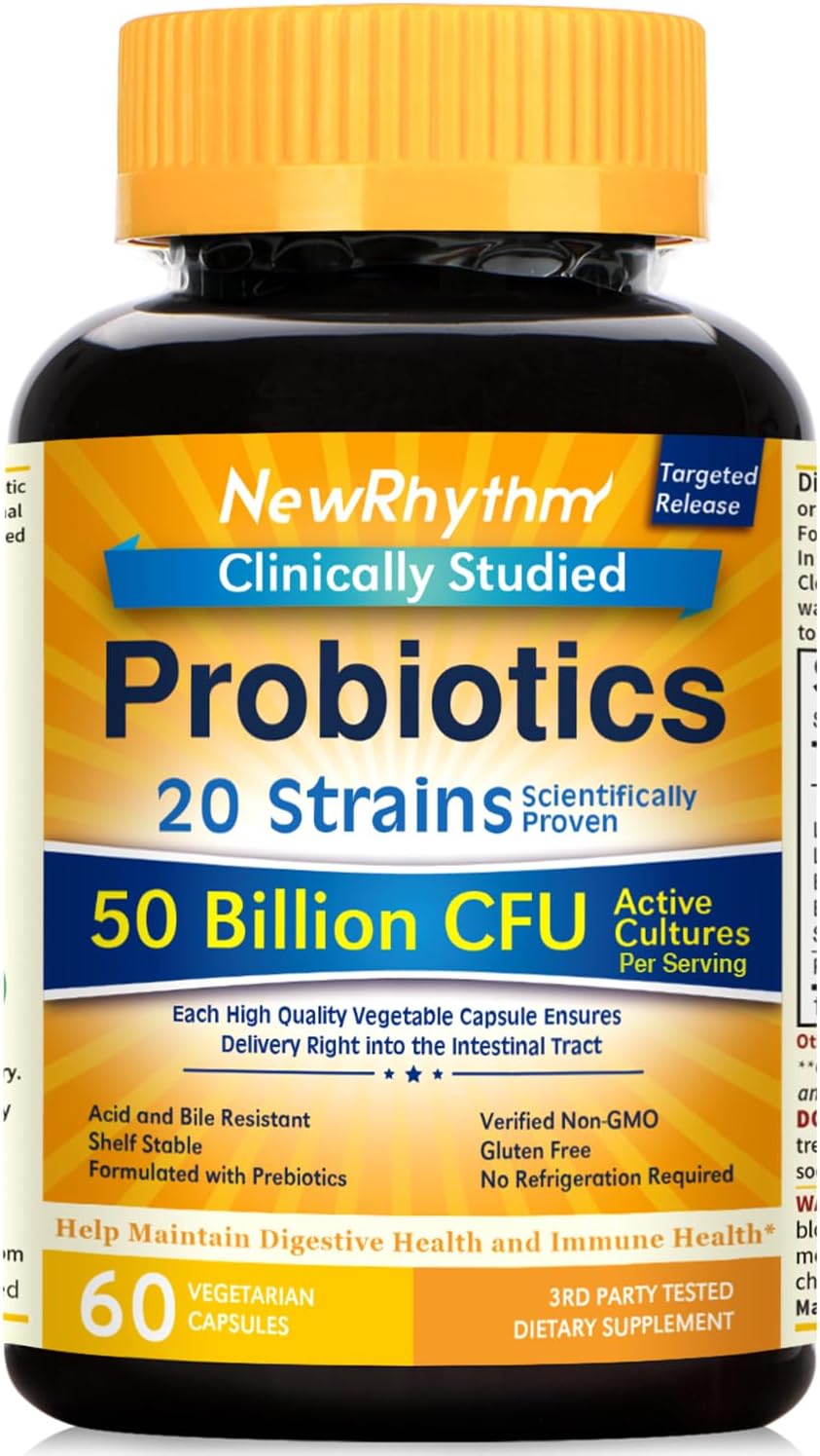 NewRhythm Probiotics 50 Billion CFU 20 Strains, 60 Veggie Capsules, Targeted Release Technology, Stomach Acid Resistant, No Need for Refrigeration, Non-GMO, Gluten Free NewRhythm Probiotics 50 Billion CFU 20 Strains, 60 Veggie Capsules, Targeted Release Technology, Stomach Acid Resistant, No Need for Refrigeration, Non-GMO, Gluten Free