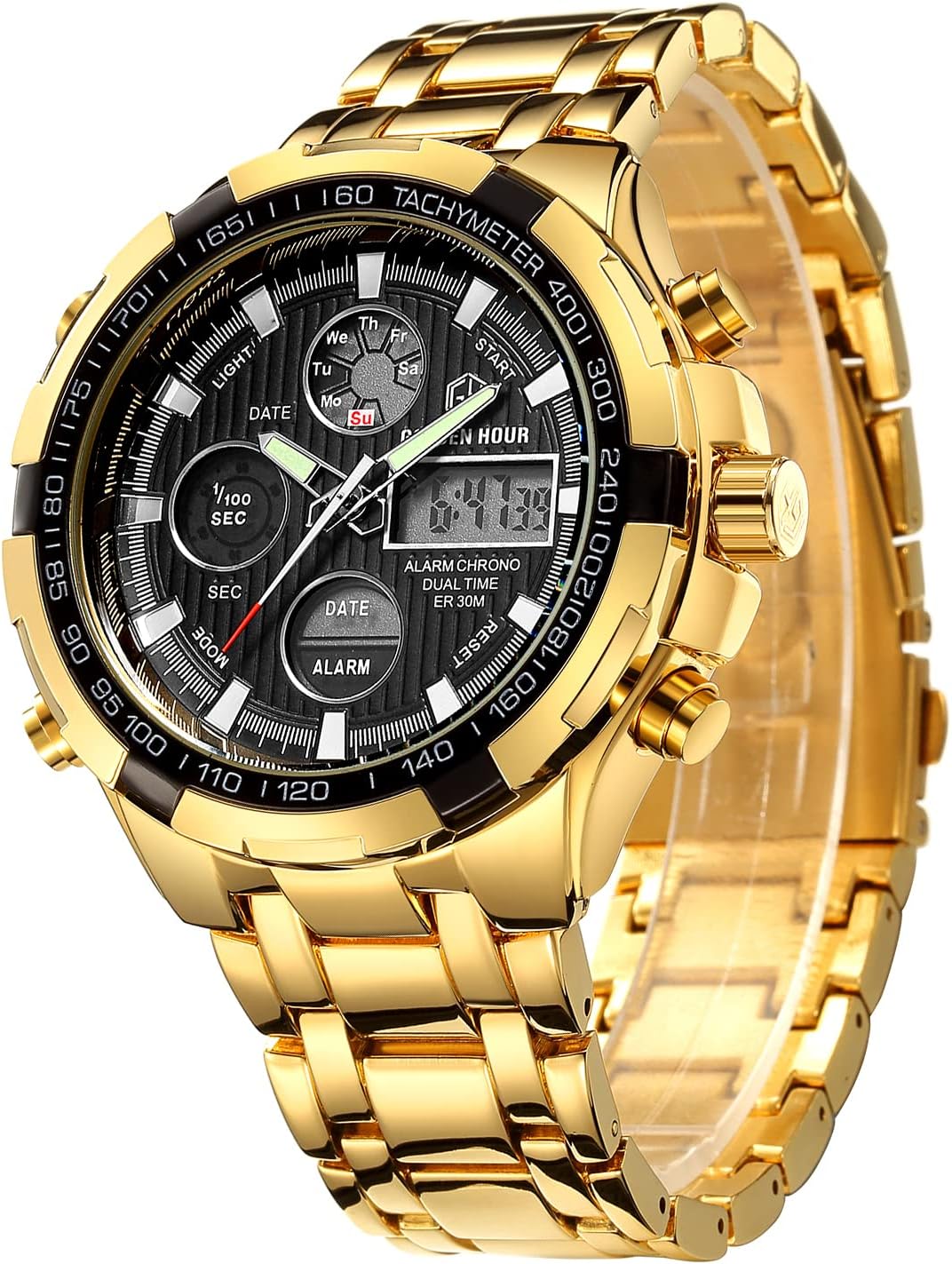 GOLDEN HOUR Luxury Stainless Steel Analog Digital Watches for Men Male Outdoor Sport Waterproof Big Heavy Wristwatch GOLDEN HOUR Luxury Stainless Steel Analog Digital Watches for Men Male Outdoor Sport Waterproof Big Heavy Wristwatch