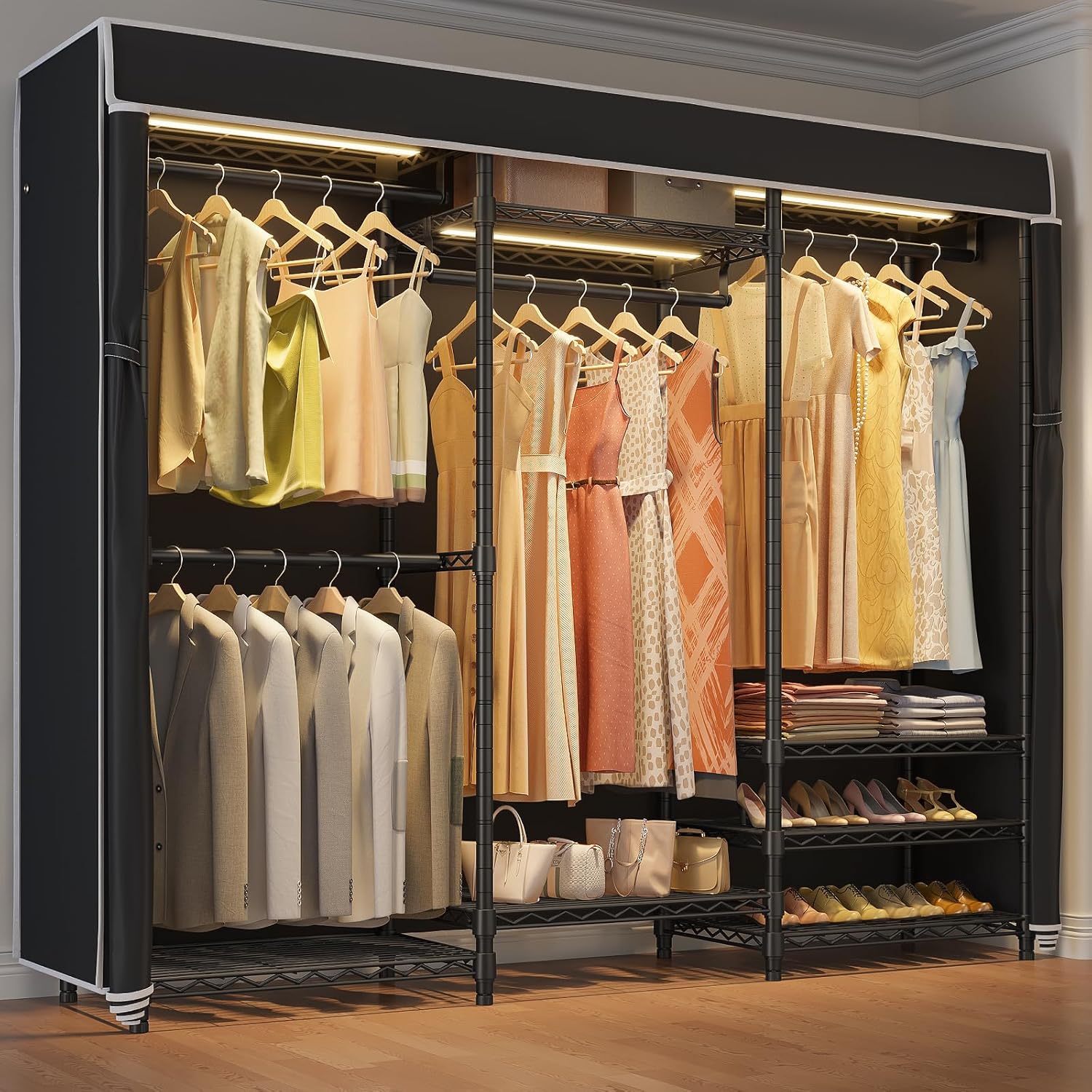 VIPEK V5L Garment Rack Heavy Duty Covered Clothes Rack with Dimmable LED Lights, 3000K Warm White, Portable Closet Wardrobe Freestanding Clothing Rack for Hanging Clothes, Black Rack with Black Cover VIPEK V5L Garment Rack Heavy Duty Covered Clothes Rack with Dimmable LED Lights, 3000K Warm White, Portable Closet Wardrobe Freestanding Clothing Rack for Hanging Clothes, Black Rack with Black Cover