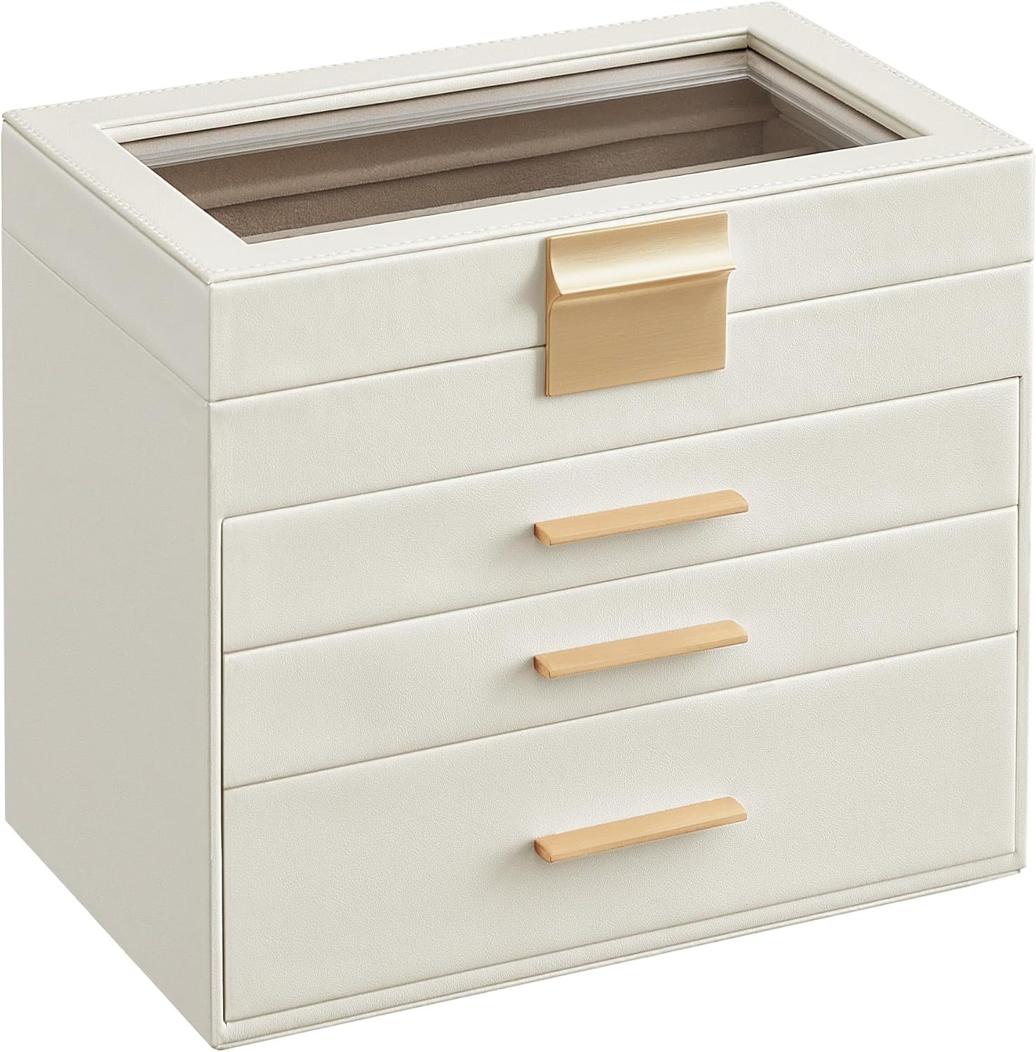 SONGMICS Jewelry Box with Glass Lid, 4-Layer Jewelry Organizer, 3 Drawers, for Sunglasses, Big Jewelry, Jewelry Storage, Modern Style, Cloud White and Gold Color UJBC161W01 SONGMICS Jewelry Box with Glass Lid, 4-Layer Jewelry Organizer, 3 Drawers, for Sunglasses, Big Jewelry, Jewelry Storage, Modern Style, Cloud White and Gold Color UJBC161W01