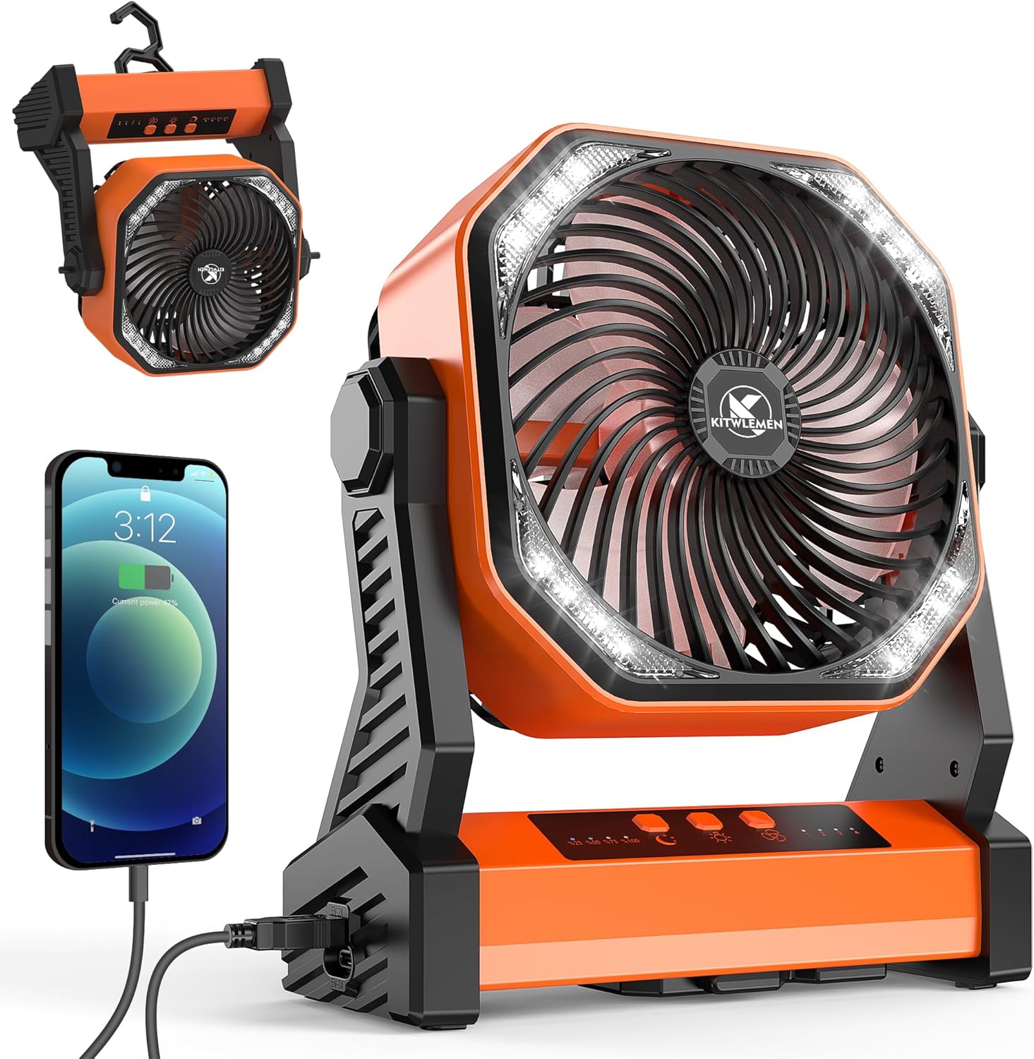 KITWLEMEN Camping Fan with LED Lantern, 20000mAh Rechargeable Battery Operated Outdoor Tent Fan with Light & Hanging Hook, 4 Speeds, Personal USB Desk Fan for Camping, Power Outage, Hurricane, Jobsite KITWLEMEN Camping Fan with LED Lantern, 20000mAh Rechargeable Battery Operated Outdoor Tent Fan with Light & Hanging Hook, 4 Speeds, Personal USB Desk Fan for Camping, Power Outage, Hurricane, Jobsite