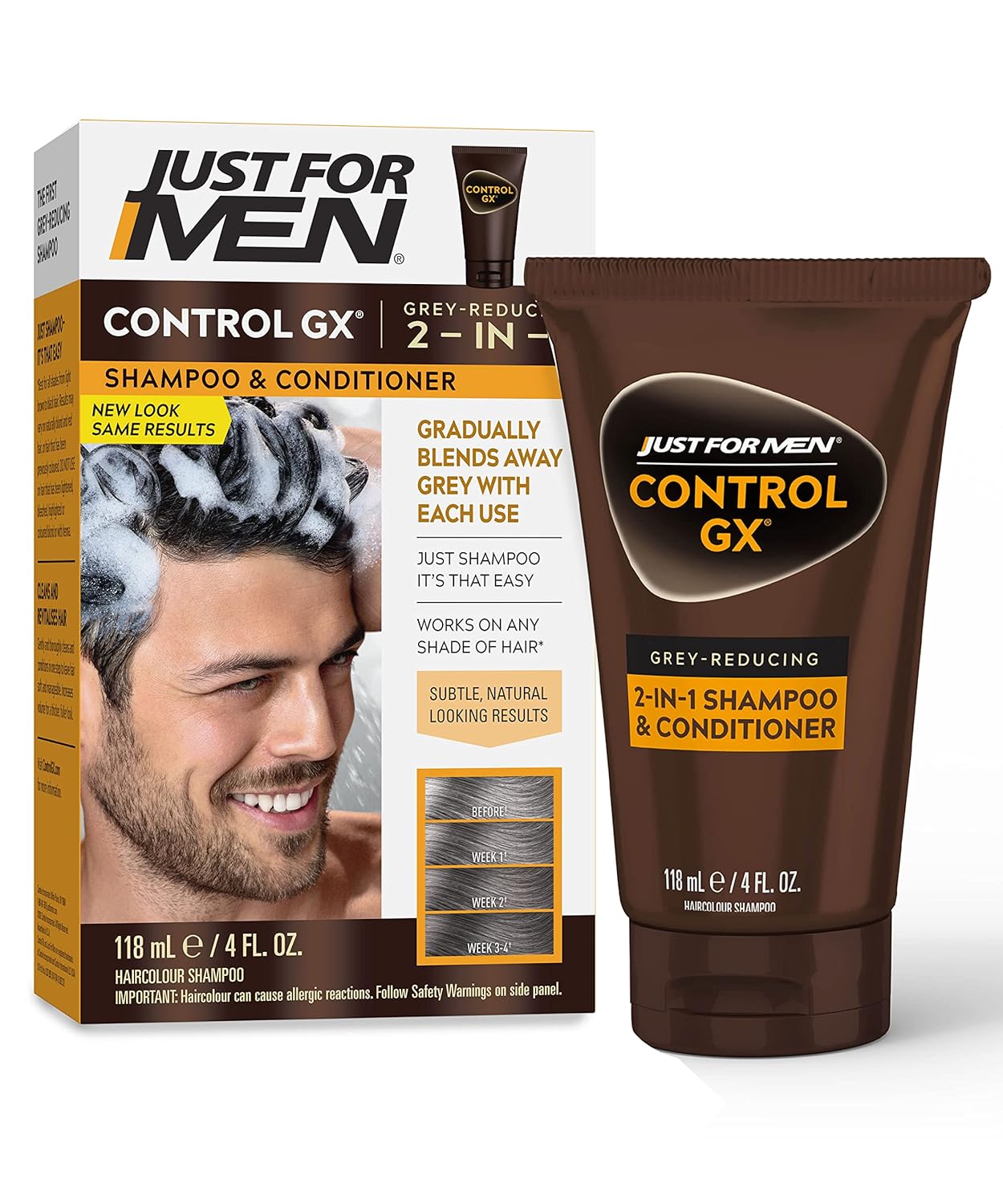 Just For Men Control GX Grey Reducing 2-in-1 Shampoo and Conditioner, Gradual Hair Color for Stronger and Healthier Hair, 4 Fl Oz – Pack of 1 (Packaging May Vary) Just For Men Control GX Grey Reducing 2-in-1 Shampoo and Conditioner, Gradual Hair Color for Stronger and Healthier Hair, 4 Fl Oz – Pack of 1 (Packaging May Vary)