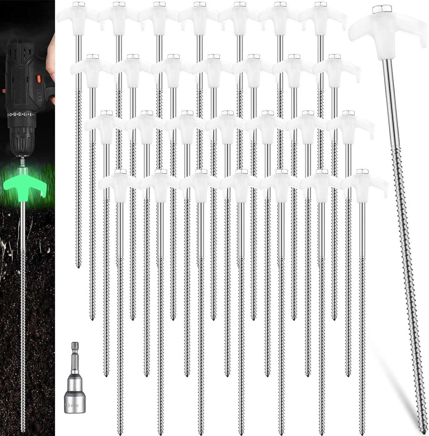 Hicarer 12 Inch Tent Stakes Screw in Camping Stakes Heavy Duty Metal Stake Ground Anchor Peg Threaded Tent Spikes with Hex Head Driver for Camping Garden Inflatable Hicarer 12 Inch Tent Stakes Screw in Camping Stakes Heavy Duty Metal Stake Ground Anchor Peg Threaded Tent Spikes with Hex Head Driver for Camping Garden Inflatable