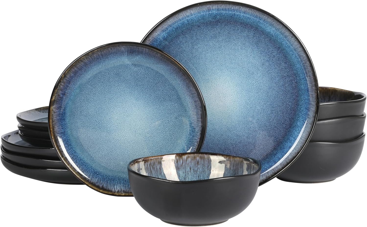 Gibson Soho Lounge Nardini 12 Piece (Service for 4) Plates and Bowls Reactive Glaze Dishes Stoneware Ceramic Dinnerware Set – Black and Blue Gibson Soho Lounge Nardini 12 Piece (Service for 4) Plates and Bowls Reactive Glaze Dishes Stoneware Ceramic Dinnerware Set – Black and Blue