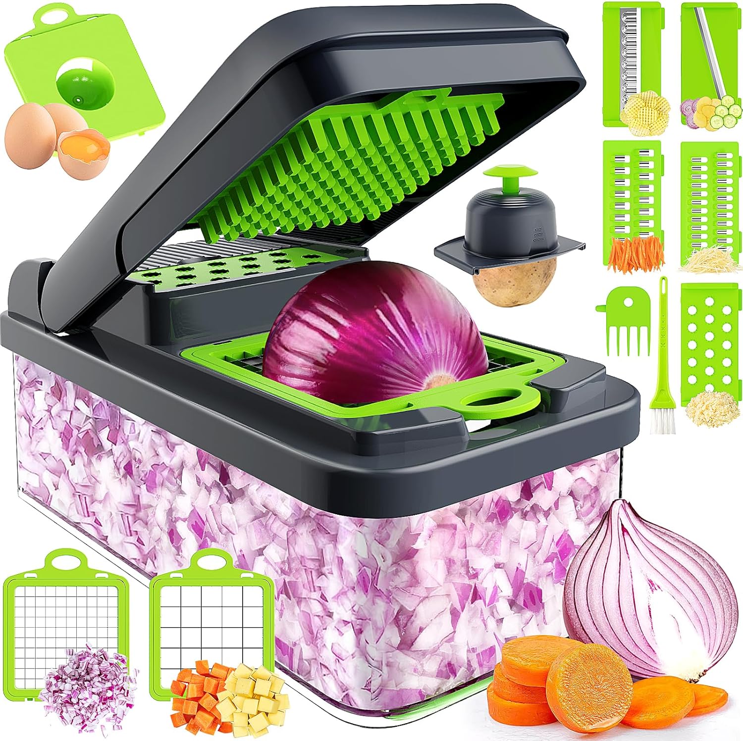 12-in-1 Vegetable Chopper, 7 Blade Veggie Chopper, Practical Food Chopper with Container, Cheese Grater, Home Essentials & Kitchen Gadgets(Green/Grey) 12-in-1 Vegetable Chopper, 7 Blade Veggie Chopper, Practical Food Chopper with Container, Cheese Grater, Home Essentials & Kitchen Gadgets(Green/Grey)