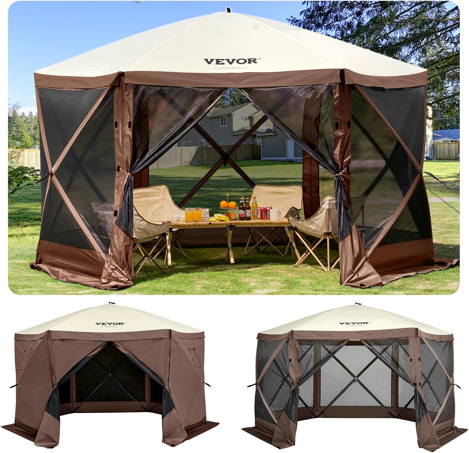 VEVOR Pop Up Gazebo Tent, Pop-Up Screen Tent 6 Sided Canopy Sun Shelter with 6 Removable Privacy Wind Cloths & Mesh Windows, 12.5×12.5FT Quick Set Screen Tent with Mosquito Netting, Brown VEVOR Pop Up Gazebo Tent, Pop-Up Screen Tent 6 Sided Canopy Sun Shelter with 6 Removable Privacy Wind Cloths & Mesh Windows, 12.5×12.5FT Quick Set Screen Tent with Mosquito Netting, Brown