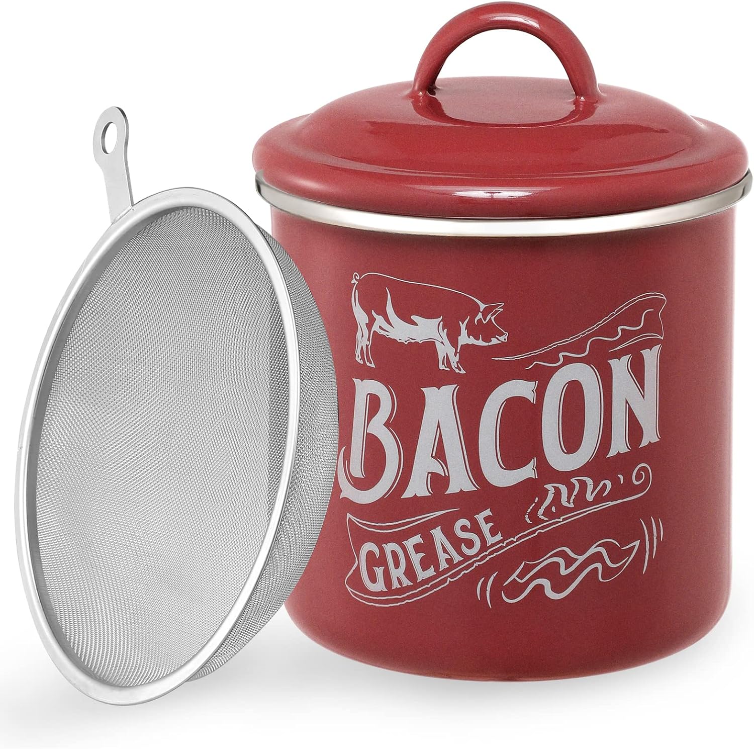 1.3L Bacon Grease Saver Container with Fine Strainer – Red Enamel & Stainless Steel Oil Keeper Can for Bacon Fat Dripping – Farmhouse Kitchen Gift & Decor Cooking Accessories – Dishwasher Safe 1.3L Bacon Grease Saver Container with Fine Strainer – Red Enamel & Stainless Steel Oil Keeper Can for Bacon Fat Dripping – Farmhouse Kitchen Gift & Decor Cooking Accessories – Dishwasher Safe