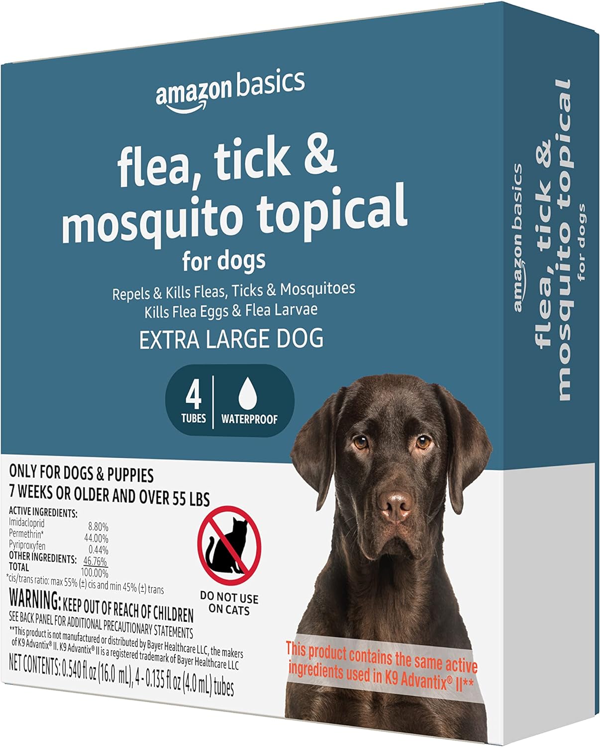 Amazon Basics Flea, Tick & Mosquito Topical for X-Large Dog (over 55 pounds), 4 Count Amazon Basics Flea, Tick & Mosquito Topical for X-Large Dog (over 55 pounds), 4 Count