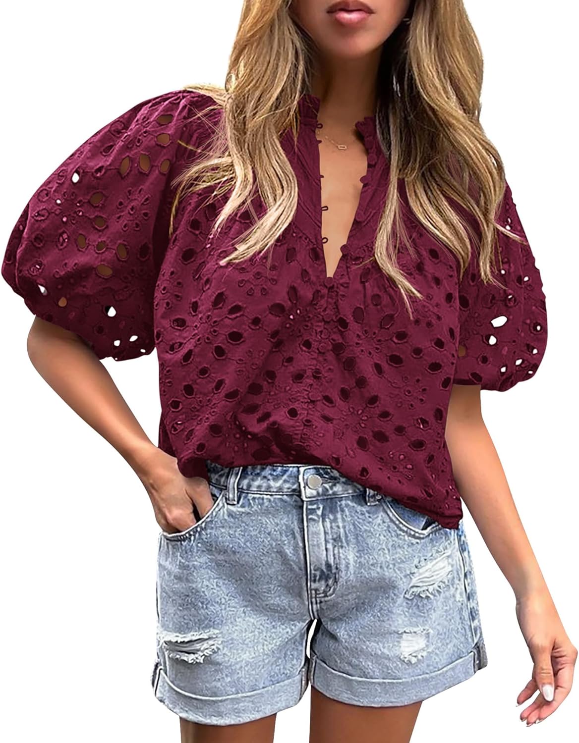 PRETTYGARDEN Women’s Summer Tops Dressy Casual Short Lantern Sleeve V Neck Buttons Hollow Out Lace Embroidered Blouses Shirts PRETTYGARDEN Women’s Summer Tops Dressy Casual Short Lantern Sleeve V Neck Buttons Hollow Out Lace Embroidered Blouses Shirts
