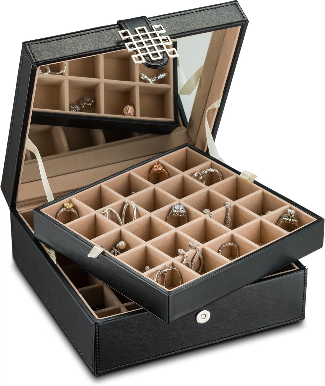 Earring Organizer – Classic 50 Section Jewelry Box/Case/Holder for Earrings, Rings, Necklaces, Jewelry, Cufflinks or Collections -2 Layer Small Compartments with Large Mirror – Black Earring Organizer – Classic 50 Section Jewelry Box/Case/Holder for Earrings, Rings, Necklaces, Jewelry, Cufflinks or Collections -2 Layer Small Compartments with Large Mirror – Black