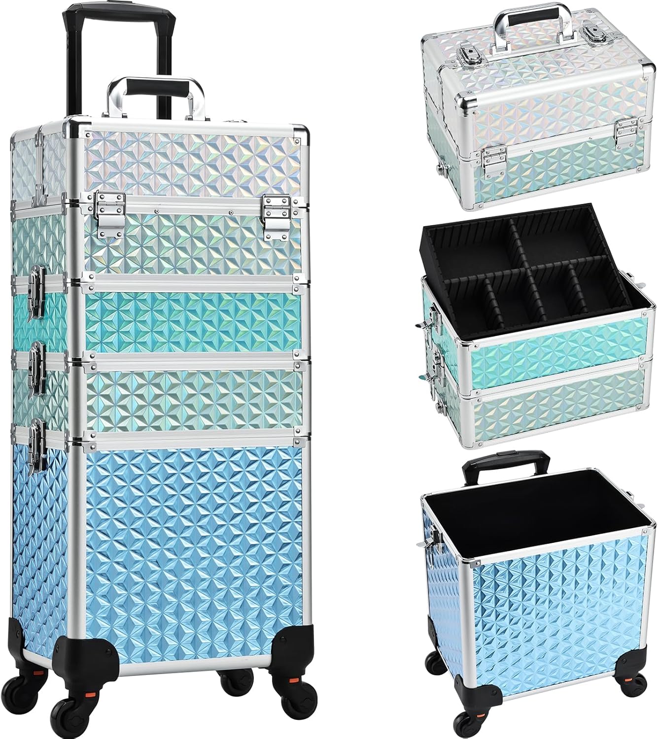 Adazzo Professional Rolling Makeup Train Case 4 in 1 Aluminum Trolley Case with 360° Rotation Wheels for Makuep Artist Cosmetic Suitcase Organizer with Lock and Key Diamond Pattern – Turquoise Adazzo Professional Rolling Makeup Train Case 4 in 1 Aluminum Trolley Case with 360° Rotation Wheels for Makuep Artist Cosmetic Suitcase Organizer with Lock and Key Diamond Pattern – Turquoise
