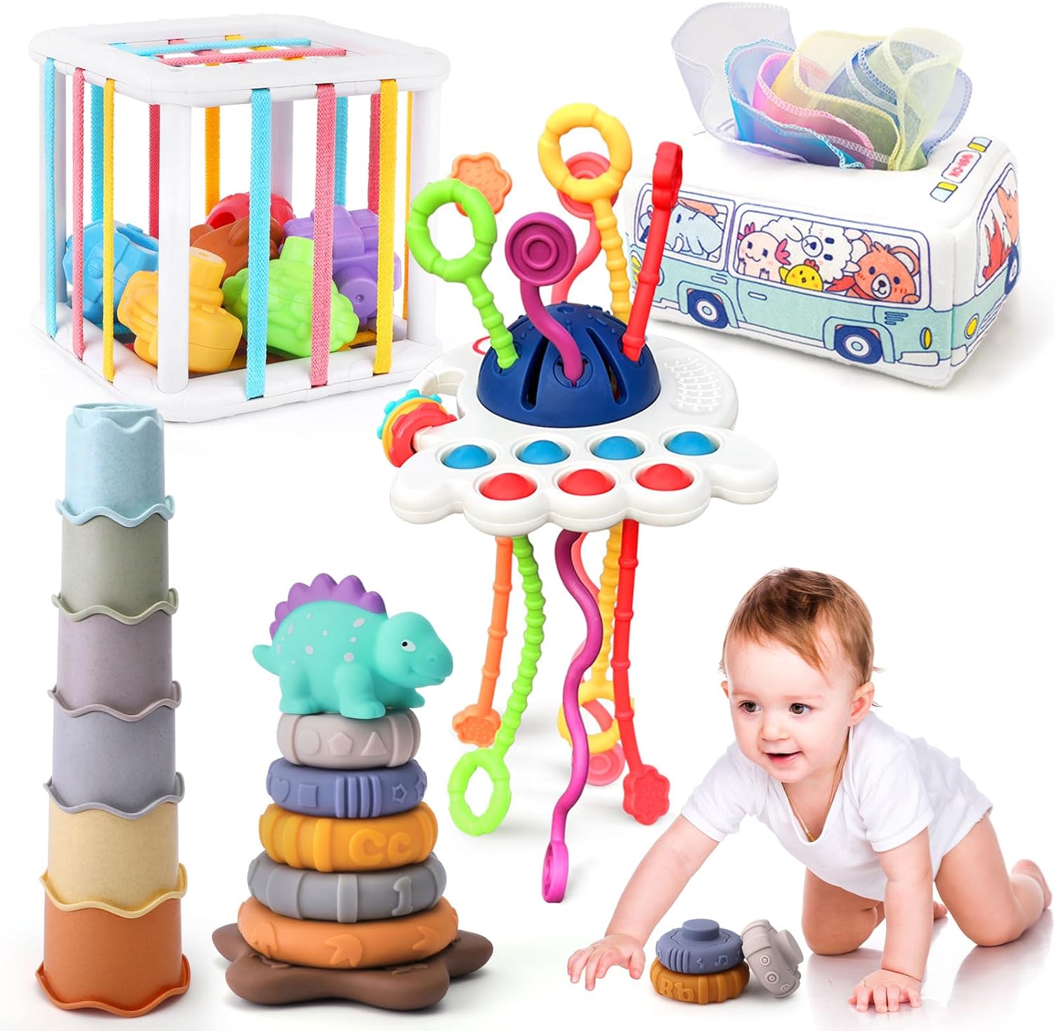 5 in 1 Baby Montessori Toys Set Include Shape Sorter Bin with Sound, Baby Tissue Box, Stacking Cups, Pull String Toy, Soft Stacking Rings, Sensory Toys for Infants Toddlers 5 in 1 Baby Montessori Toys Set Include Shape Sorter Bin with Sound, Baby Tissue Box, Stacking Cups, Pull String Toy, Soft Stacking Rings, Sensory Toys for Infants Toddlers