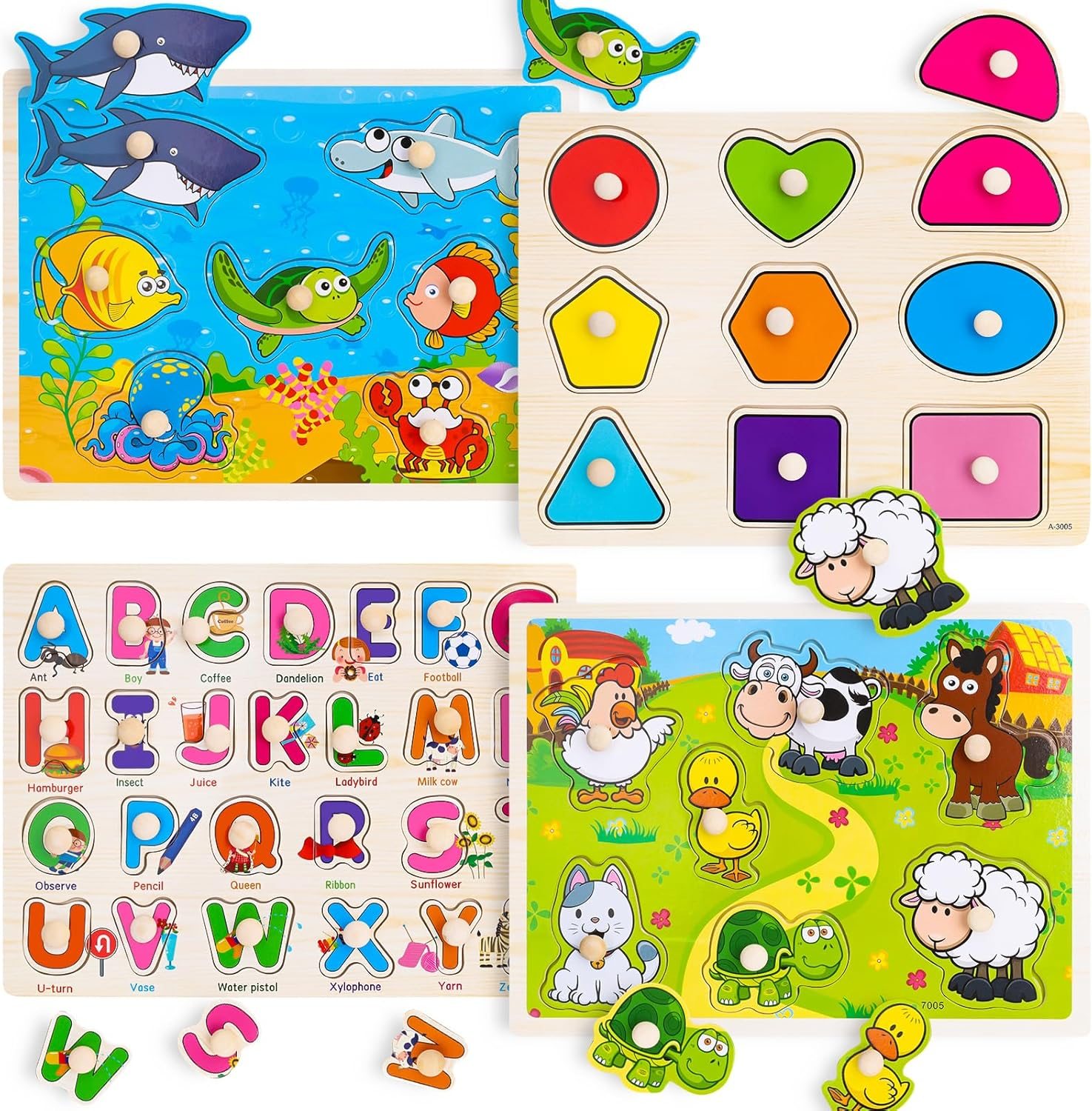Wooden Peg Puzzles for Toddlers 2 3 4 Year Old, 4 Pack Montessori Toys Preschool Learning Puzzles for Toddlers 1-3 with Animals, Shapes, Alphabet, Wooden Toddler Toys Gifts for Kids Boys Girls Wooden Peg Puzzles for Toddlers 2 3 4 Year Old, 4 Pack Montessori Toys Preschool Learning Puzzles for Toddlers 1-3 with Animals, Shapes, Alphabet, Wooden Toddler Toys Gifts for Kids Boys Girls