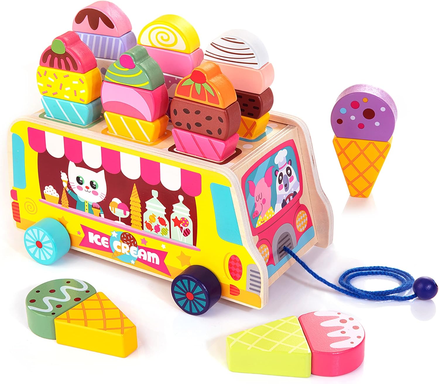 HELLOWOOD Wooden Ice Cream Truck, 28 pcs Magnetic... HELLOWOOD Wooden Ice Cream Truck, 28 pcs Magnetic...