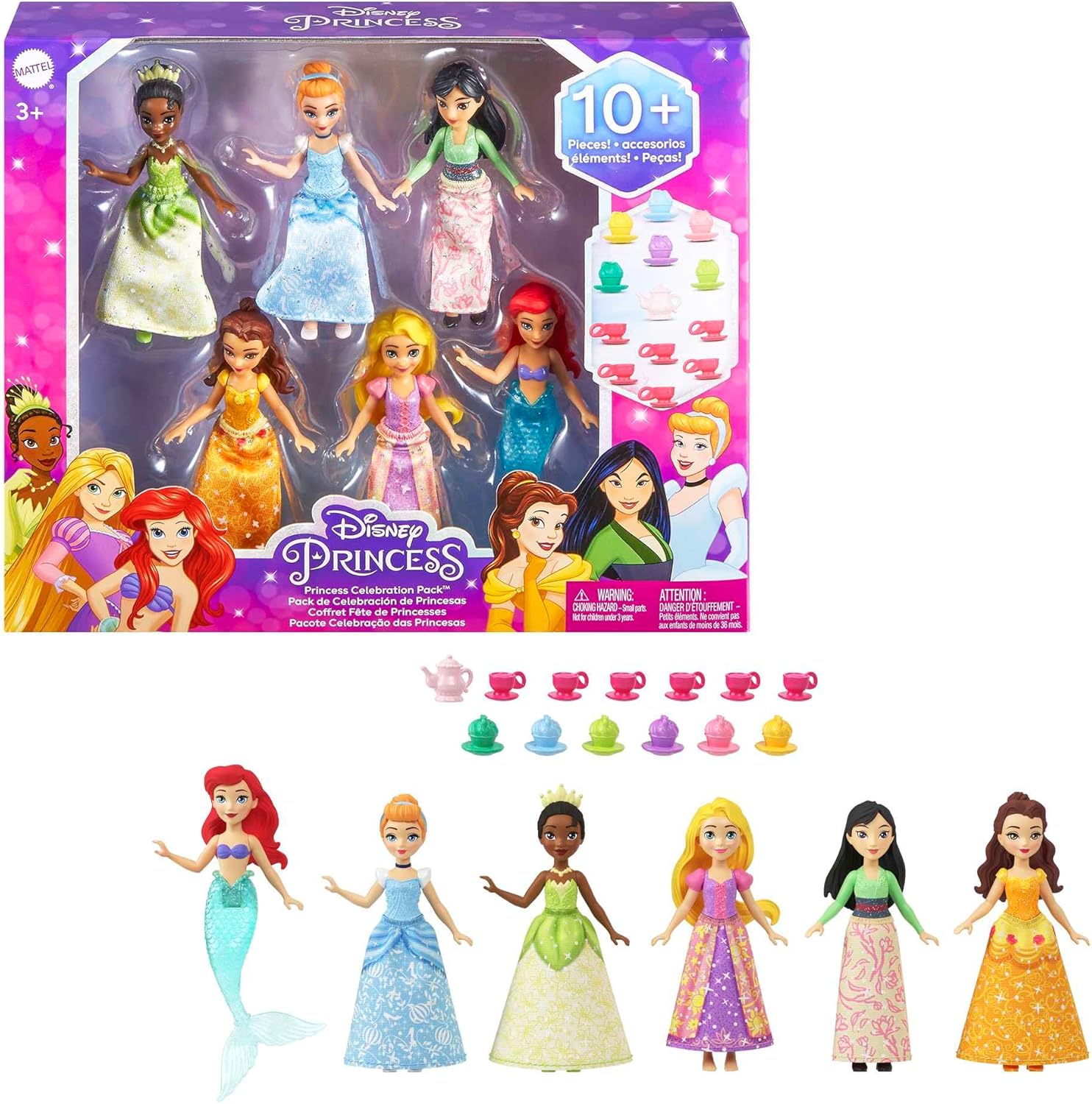 Mattel Disney Princess Toys, Small Doll Party Set with 6 Posable Princess Dolls in Sparkling Clothing & 13 Tea Time Accessories Mattel Disney Princess Toys, Small Doll Party Set with 6 Posable Princess Dolls in Sparkling Clothing & 13 Tea Time Accessories