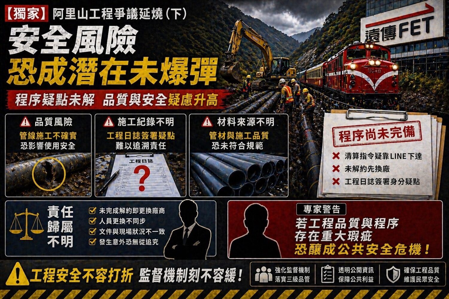【獨家】阿里山工程驚爆黑箱內幕(下)程序疑點未解、品質爭議再起 遠傳遭點名「恐涉安全風險」 阿里山工程爭議由程序問題延伸至品質與安全風險,包含材料強度穩定性、施工紀錄與責任歸屬等疑點,外界關注是否影響長期結構安全與公共工程可靠性。(圖/警政時報專案小組)
