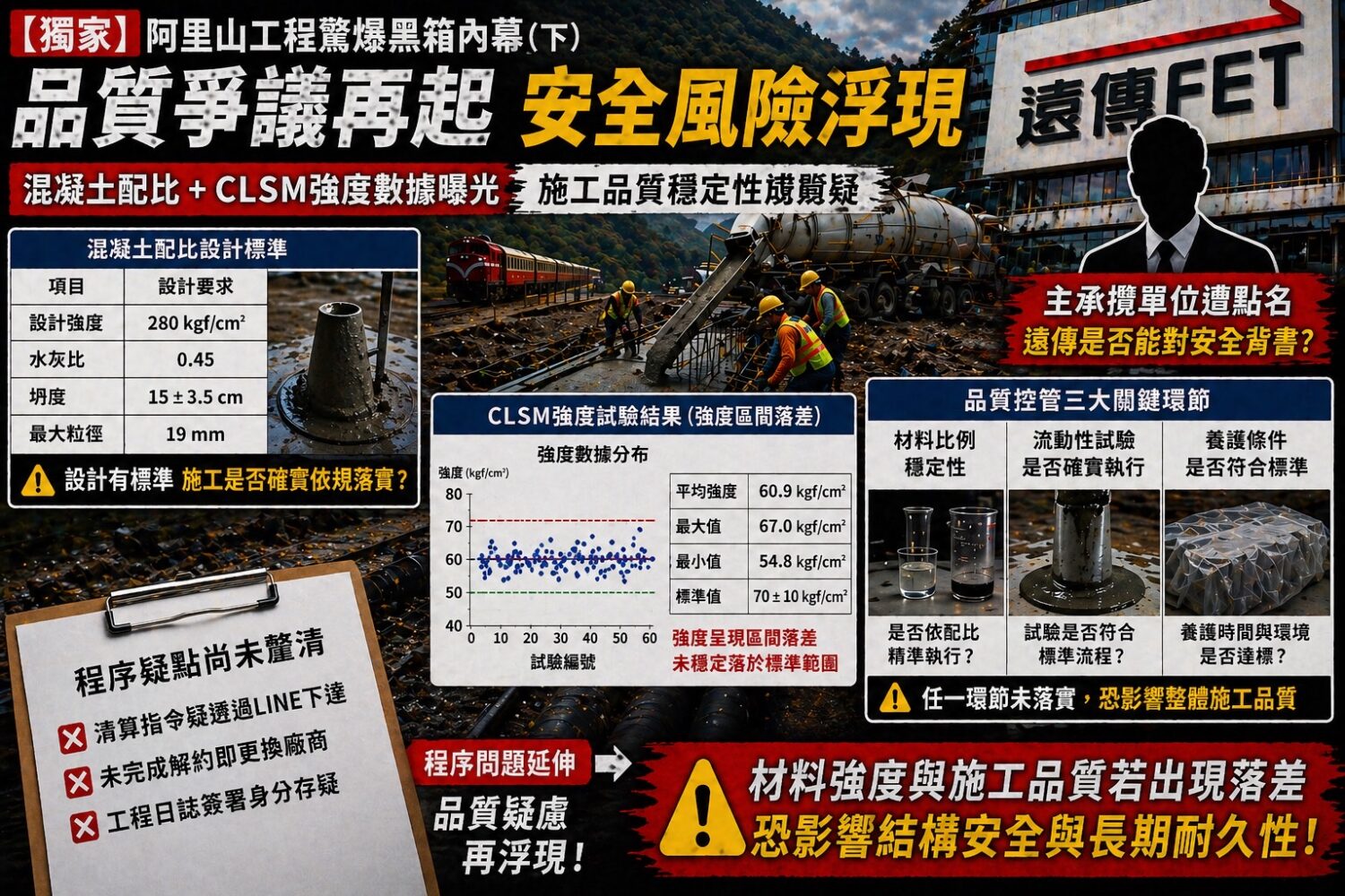 【獨家】阿里山工程驚爆黑箱內幕(下)程序疑點未解、品質爭議再起 遠傳遭點名「恐涉安全風險」 阿里山工程爭議由程序問題延伸至品質與安全風險,包含材料強度穩定性、施工紀錄與責任歸屬等疑點,外界關注是否影響長期結構安全與公共工程可靠性。(圖/警政時報專案小組)