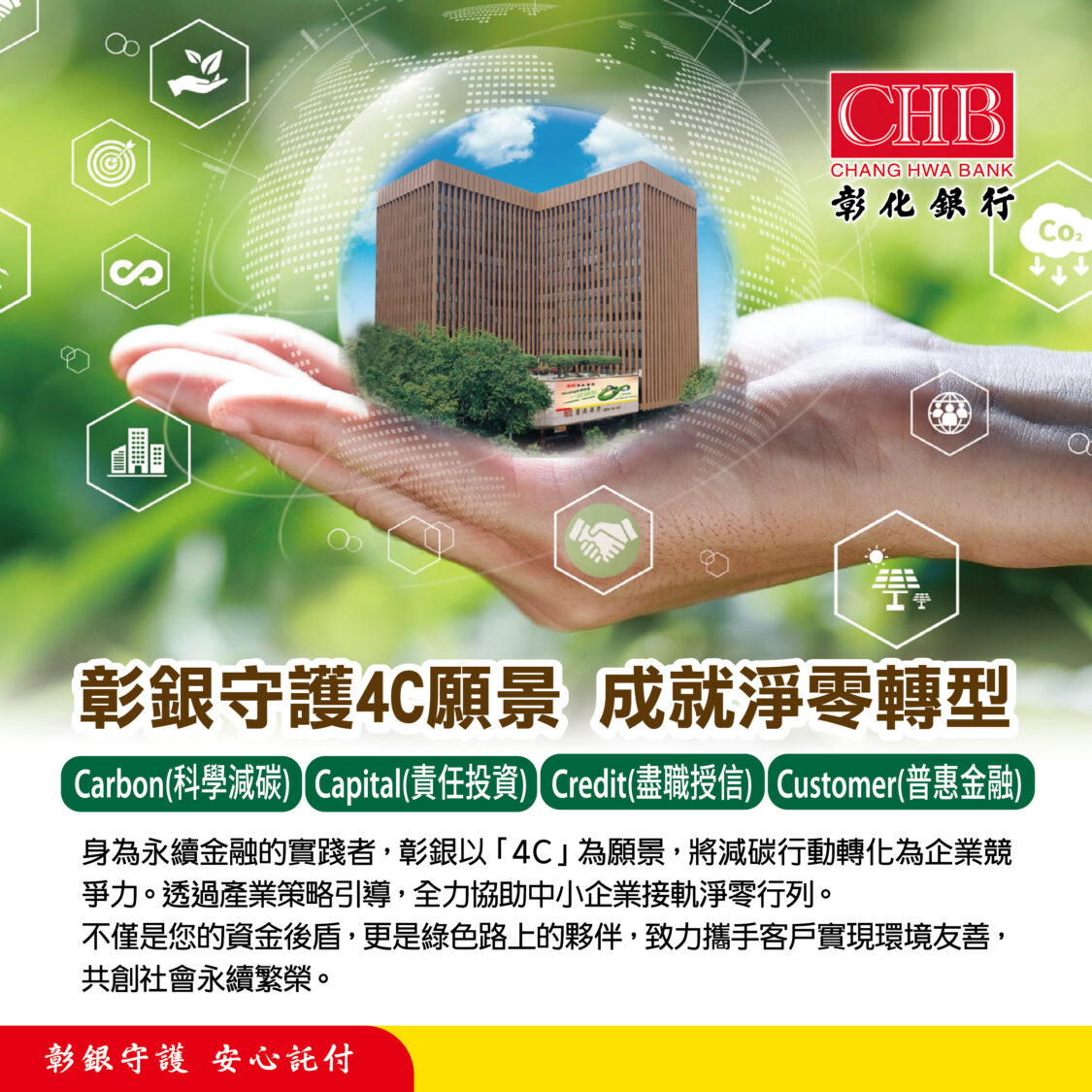 彰銀累計前4月稅後盈餘71.38億元創同期新高 公司治理「五度蟬聯前5%」 彰銀守護4C願景,ESG表現再獲國際肯定。(圖/彰化銀行提供)