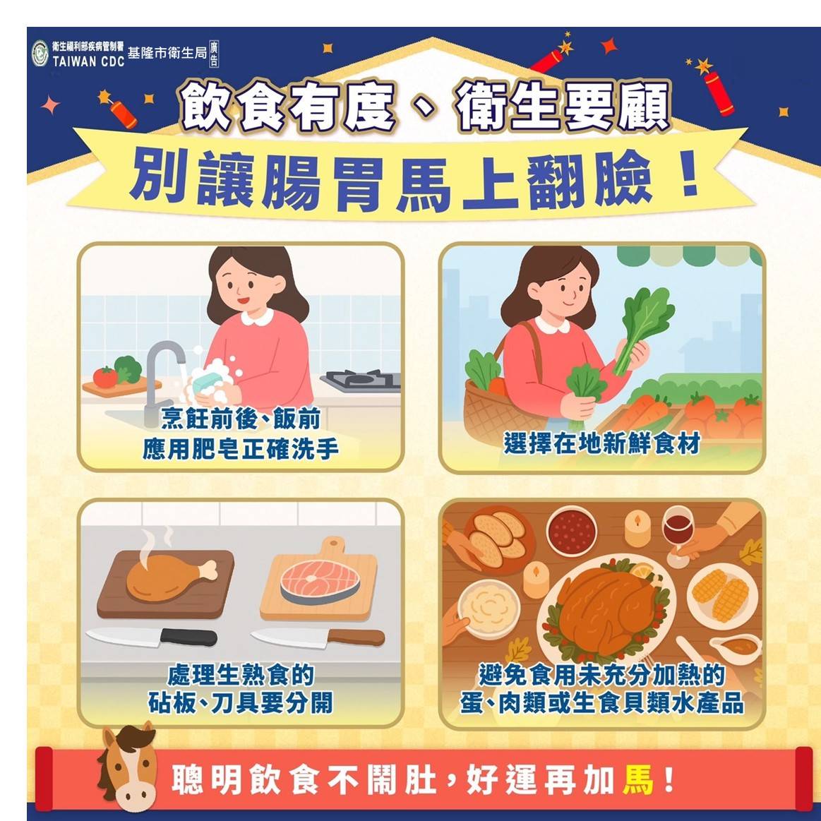 「圍爐共食風險升高」 基市衛生局提醒慎防諾羅病毒 飲食衛生請勤洗手、生熟食分開、澈底加熱。(記者李健興翻攝)