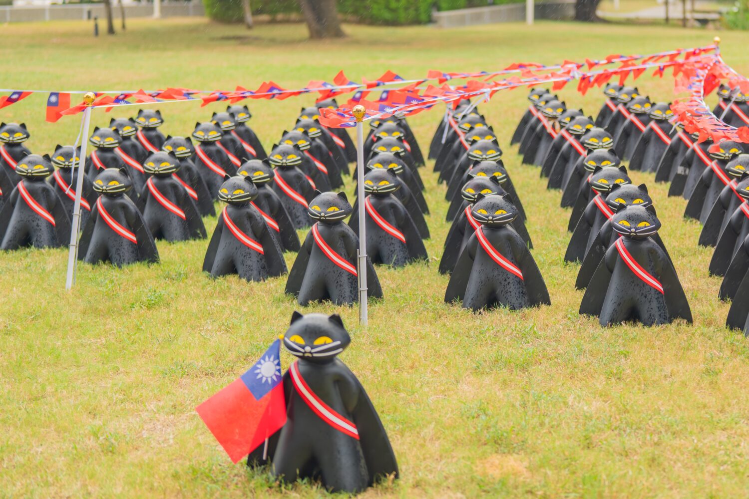 桃園最萌國慶登場!70隻黑貓整隊升旗成焦點 打造最可愛打卡城 | 索引新聞 INDEX News 70隻黑貓裝置藝術整隊升旗現身風禾公園。(記者翻攝)