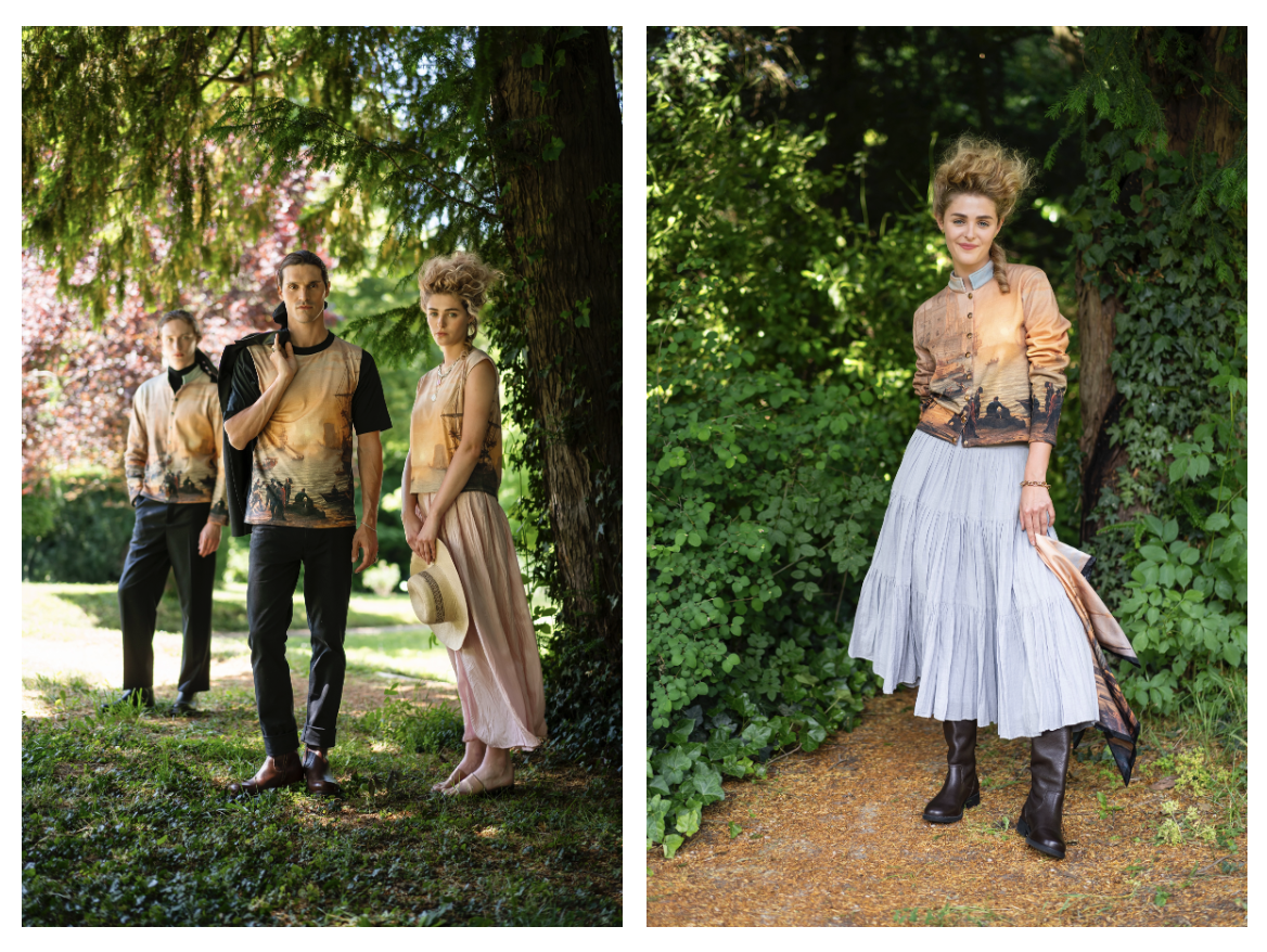 agnès b. 攜手法國羅浮宮 打造Louvre膠囊系列 經典名畫躍於服飾 讓藝術流動於日常 在Louvre膠囊系列中,設計師Agnès特別選擇法國古典主義風景畫家克勞德洛蘭(Claude Gellée)兩幅羅浮宮館藏作品,向這位風景畫大師致。(圖/agnès b. 提供)