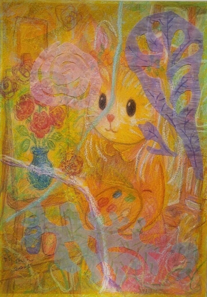 病痛未定義人生 李昕以《疼。喜》系列轉化生命經驗為藝術書寫 藝術家李昕於展場中呈現《疼。喜》系列作品,透過貓的意象回應病痛經驗,將身體脆弱轉化為創作能量。(圖/主辦單位提供)