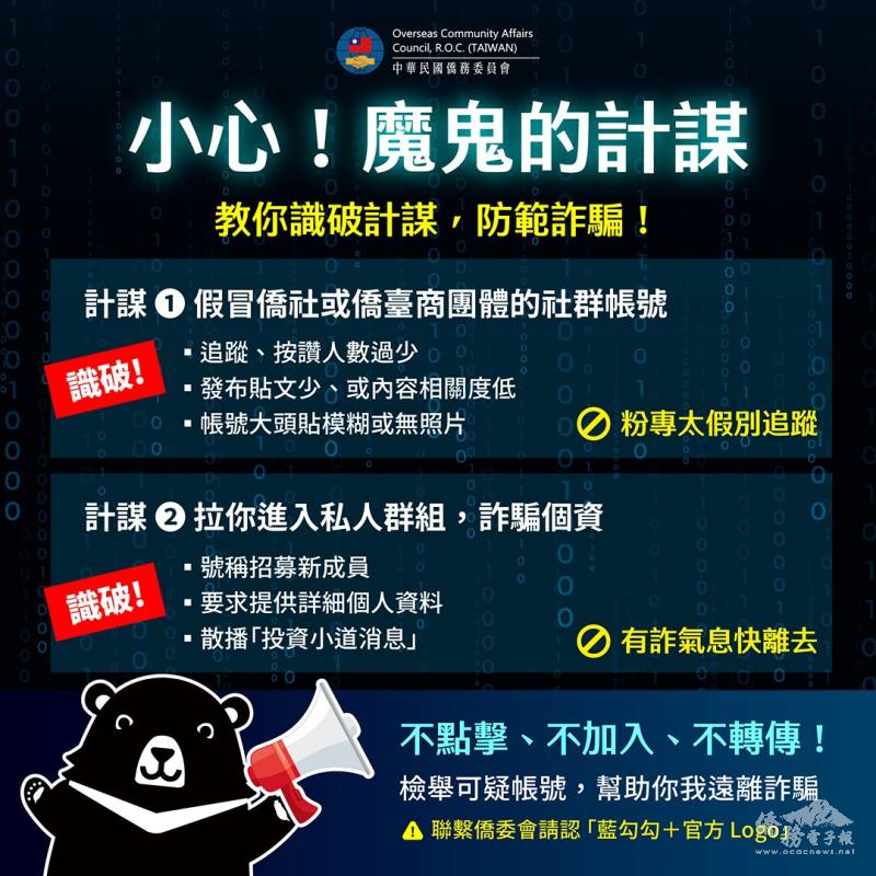 當心社群假冒詐騙!僑委會呼籲:小心「魔鬼的計謀」共同防範 當心社群假冒詐騙!僑委會呼籲:小心「魔鬼的計謀」共同防範