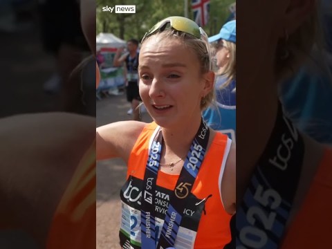 London Marathon runner reacts to achieving personal best in race London Marathon runner reacts to achieving personal best in race