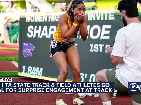 Wichita State track and field athletes create viral moment with post-race proposal Wichita State track and field athletes create viral moment with post-race proposal