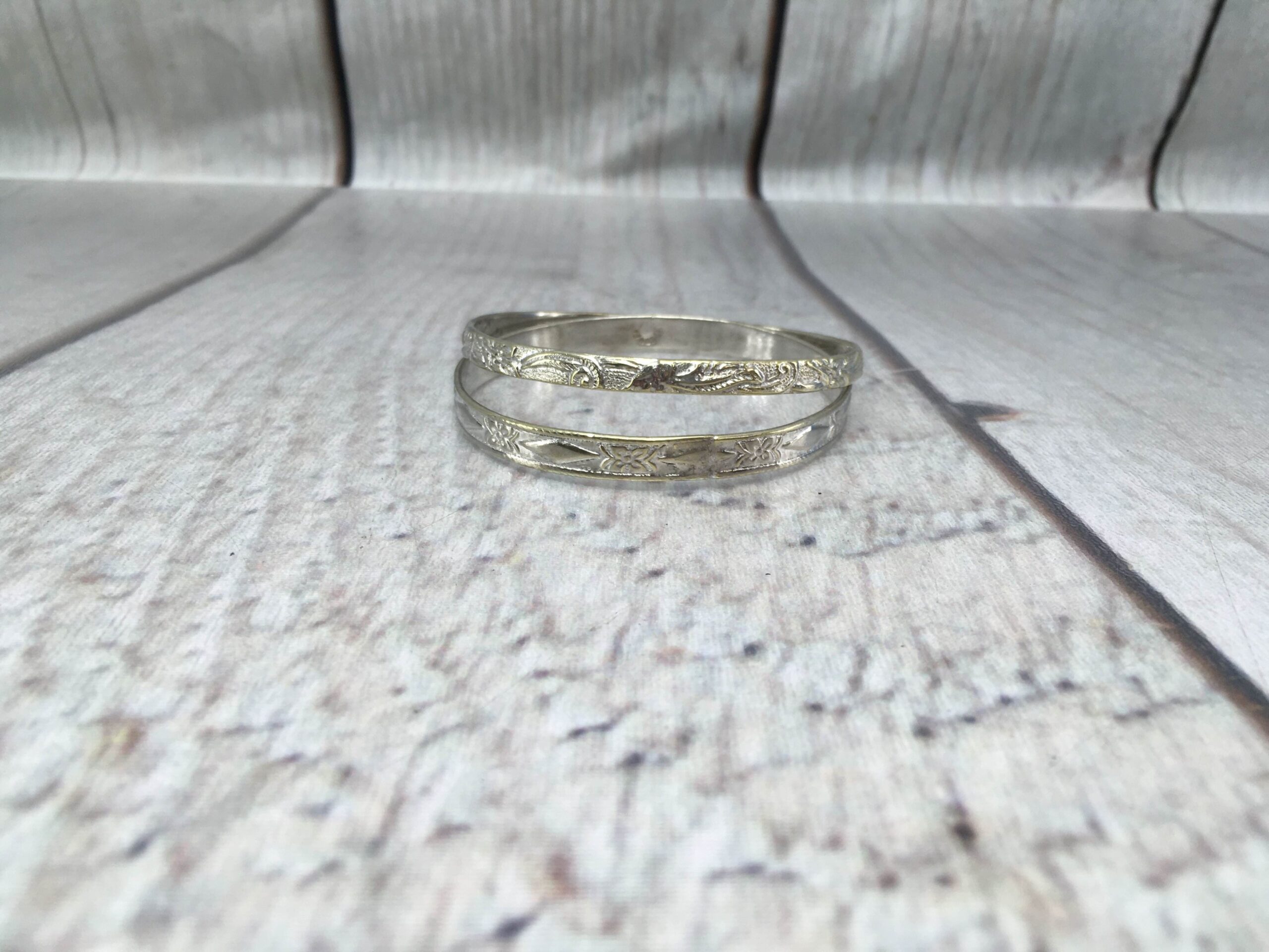 Bracelet SS Women 2-3/4″ Diam. (each) 21.86DWT .925 Sterling Silver Vintage Handcrafted Bangle Bracelets Lot of 2 Leaf Flower