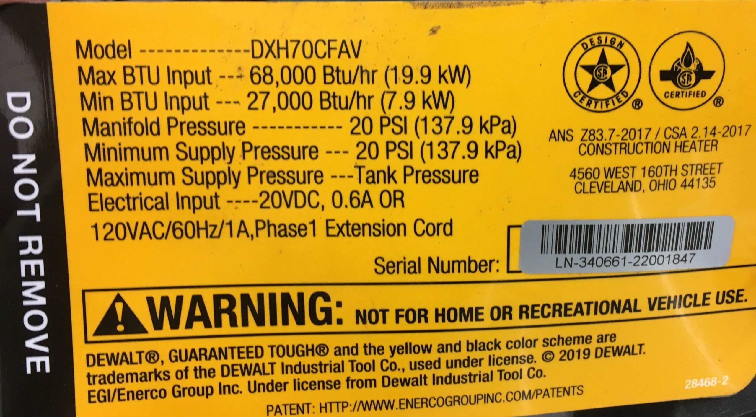 DEWALT DXH70CFAV Salamander Heater