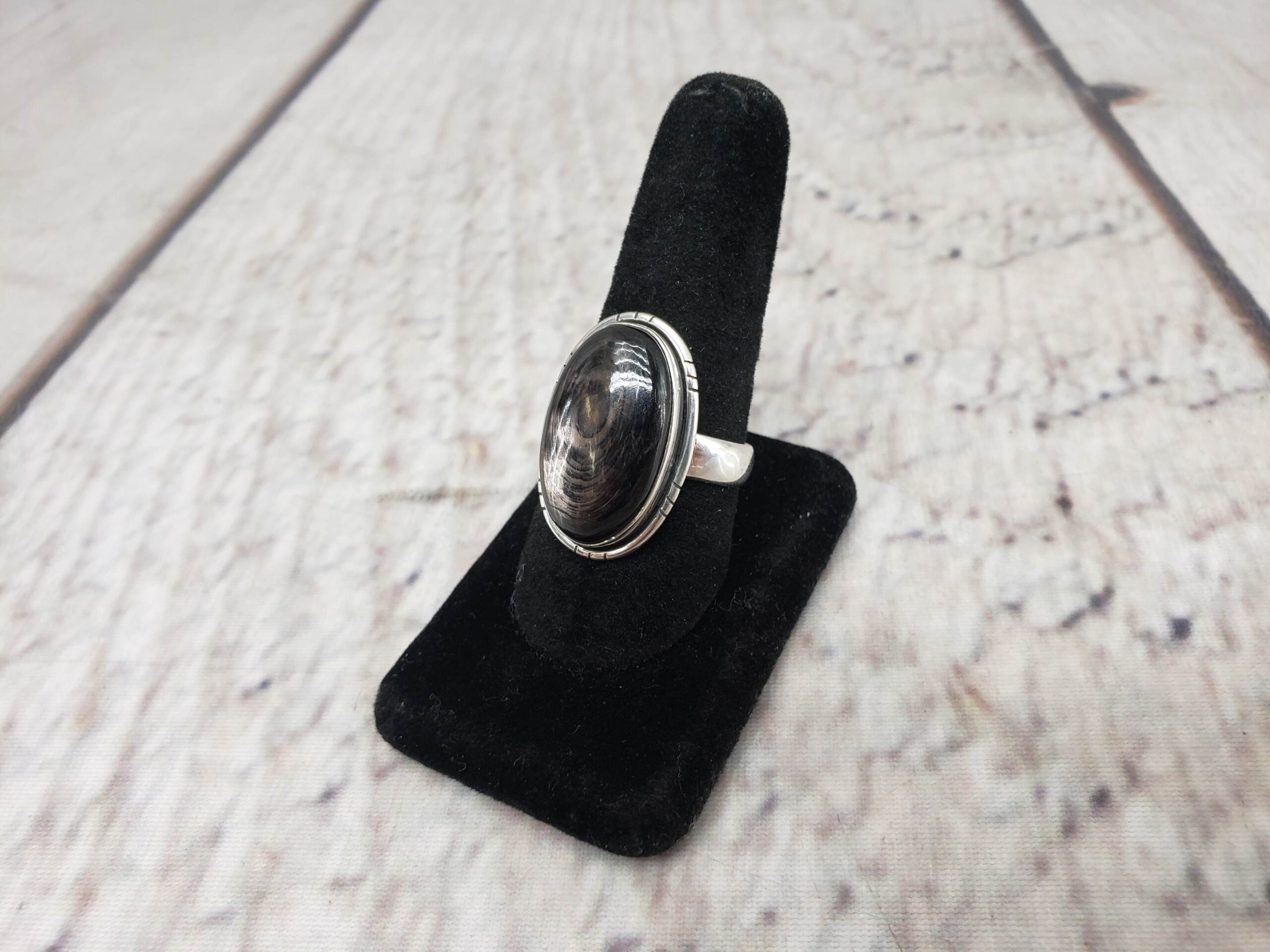 Ring SS Mens Sz 11 6.20DWT Vintage Polished Black Malachite Cabochon Ring