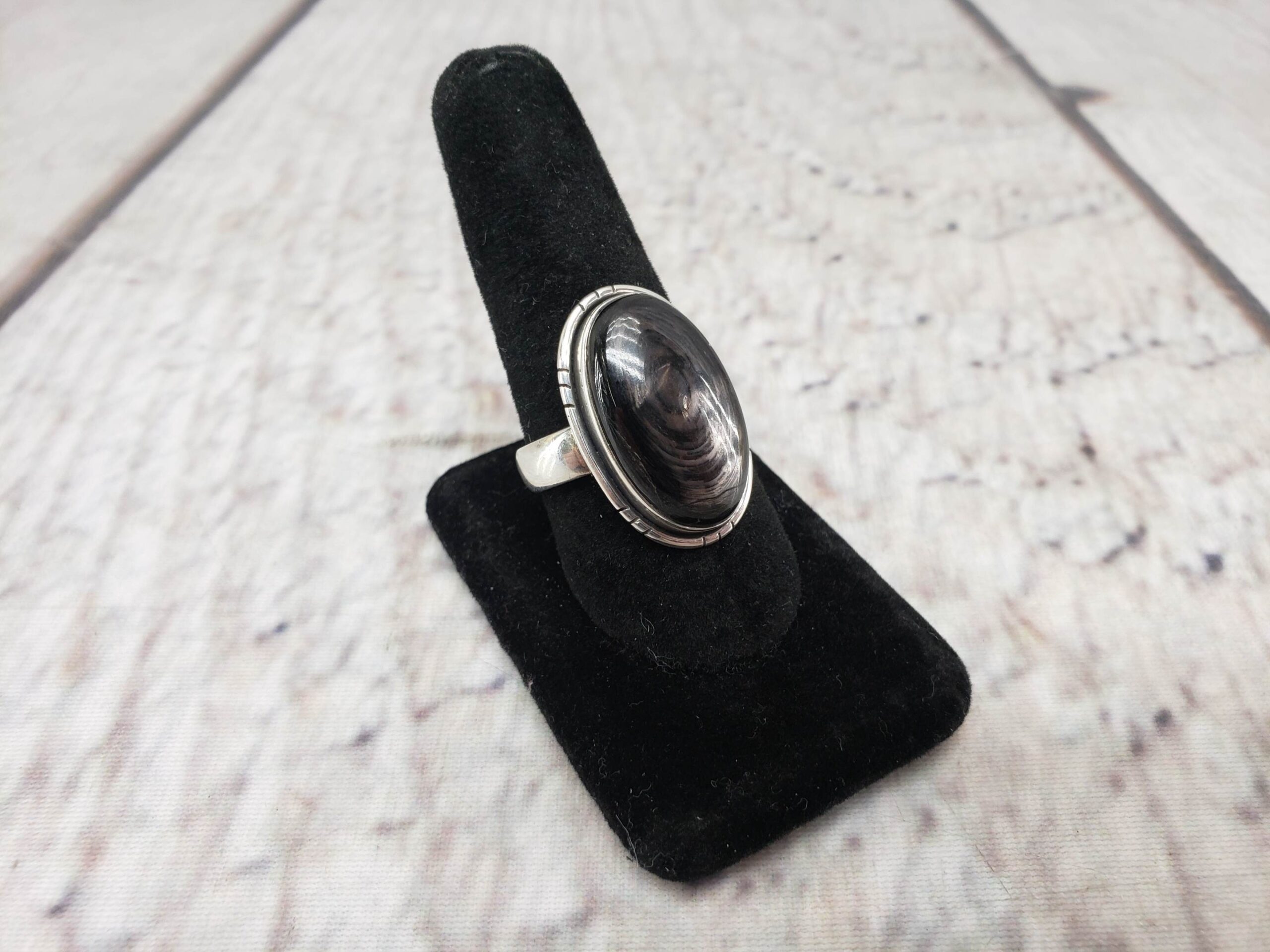 Ring SS Mens Sz 11 6.20DWT Vintage Polished Black Malachite Cabochon Ring