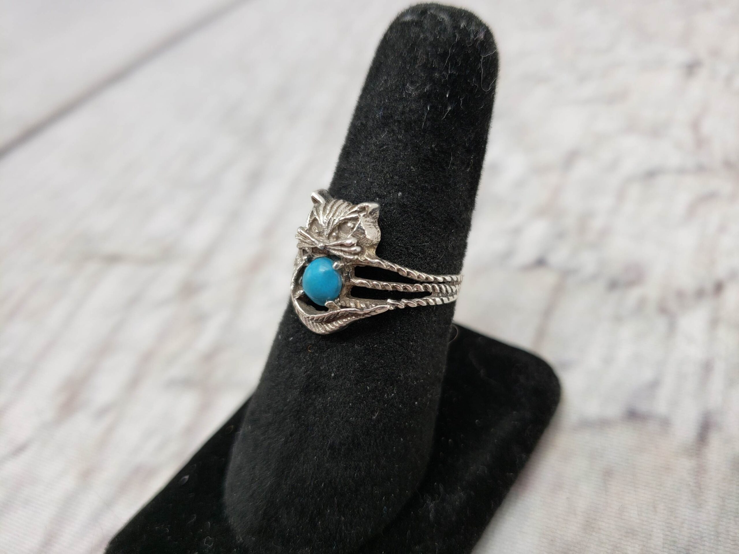 Ring SS Women Sz 8 1.80DWT .925 Sterling Silver, Turquoise Cat Ring