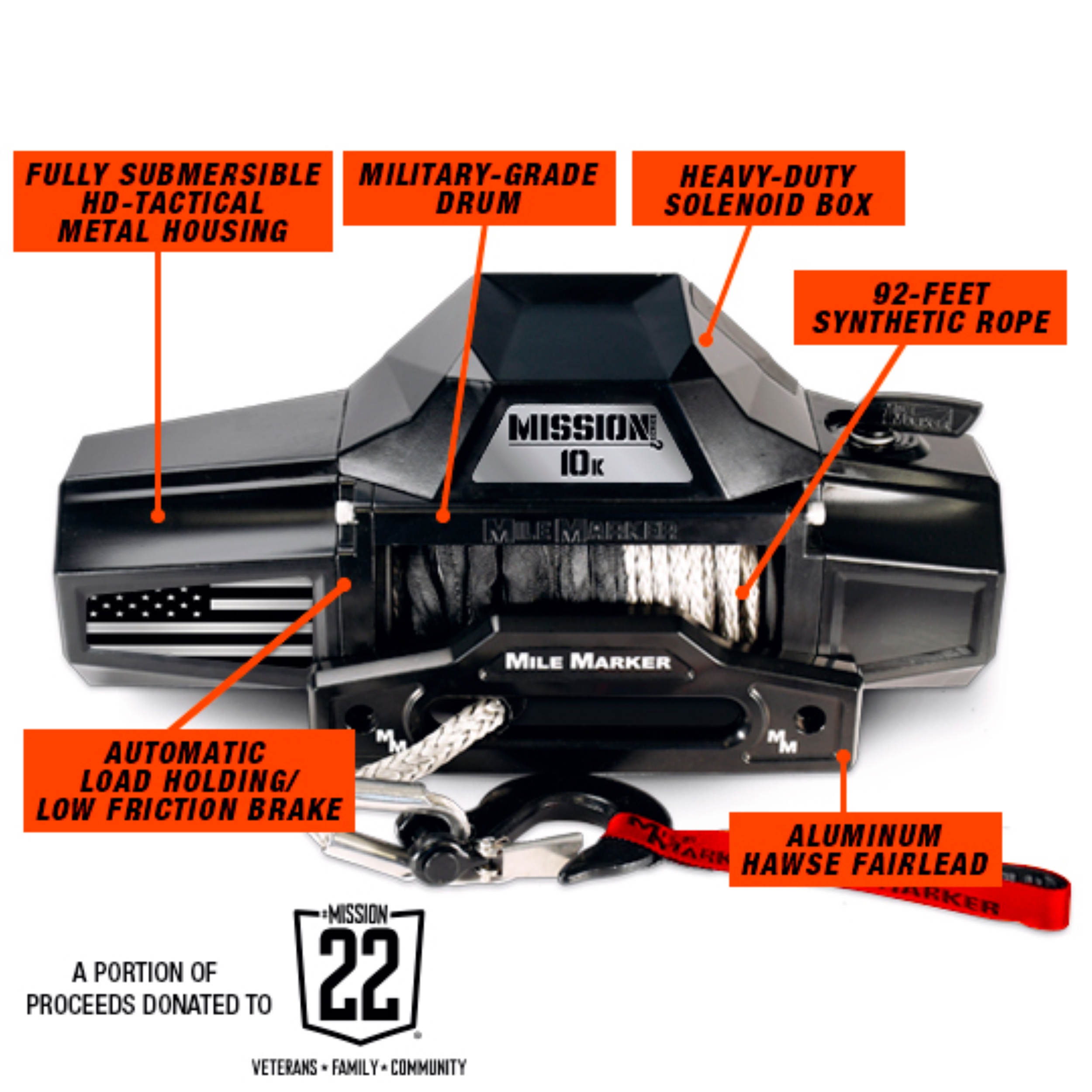 Mile Marker 10K MISSION PATRIOT EDITION WINCH WITH SYNTHETIC ROPE 78-53246-AP