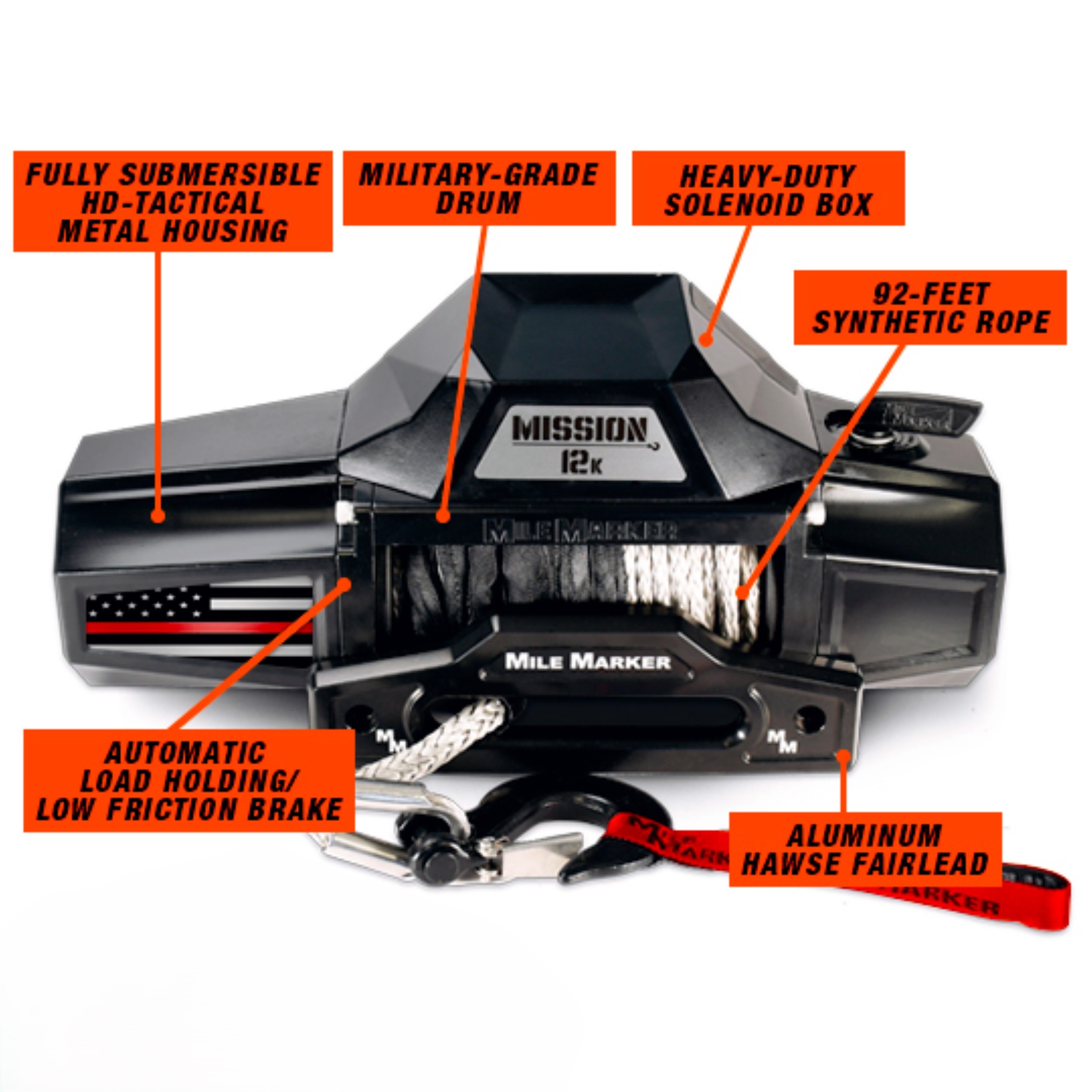 Mile Marker 12K MISSION THIN RED LINE EDITION WINCH WITH SYNTHETIC ROPE 78-53251-TRL