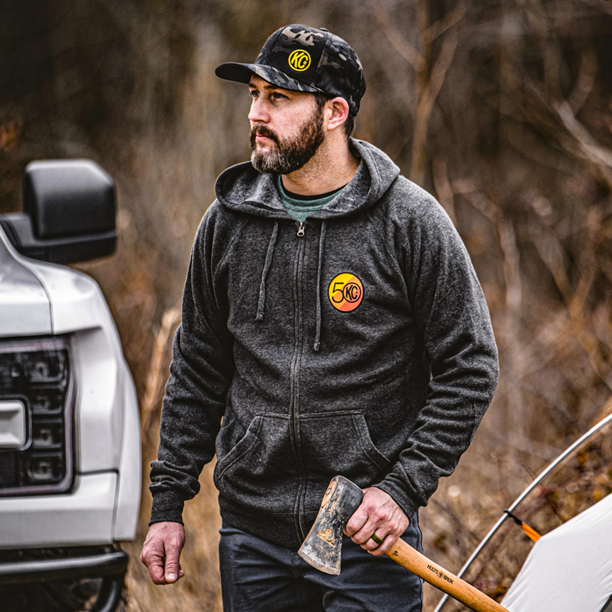 KC HiLiTES KC Hoodie Zip-Up Racer Logo Front Original Logo Back Heather Gray Large 70309