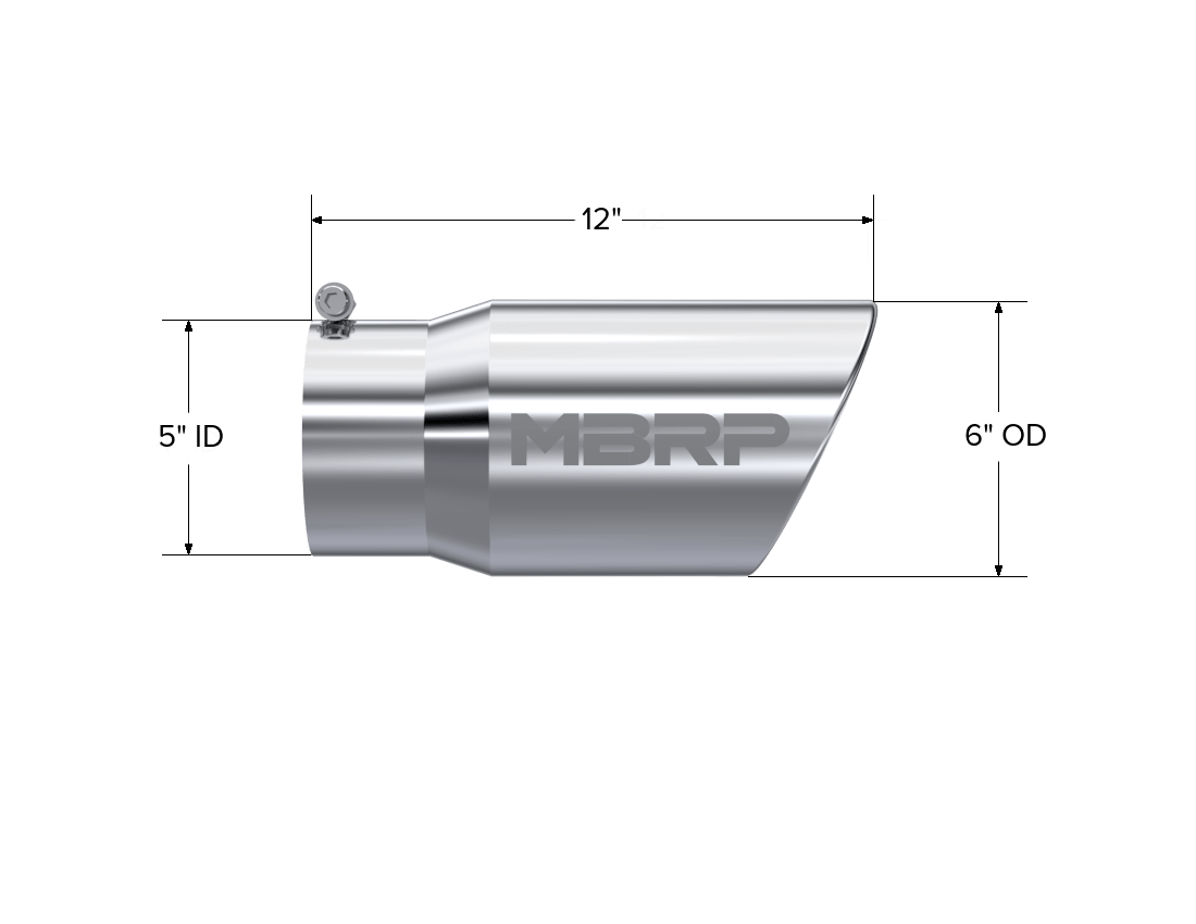 MBRP Exhaust Tip. 6in. O.D. Angled Rolled End 5in. inlet 12in. length. T304. T5075