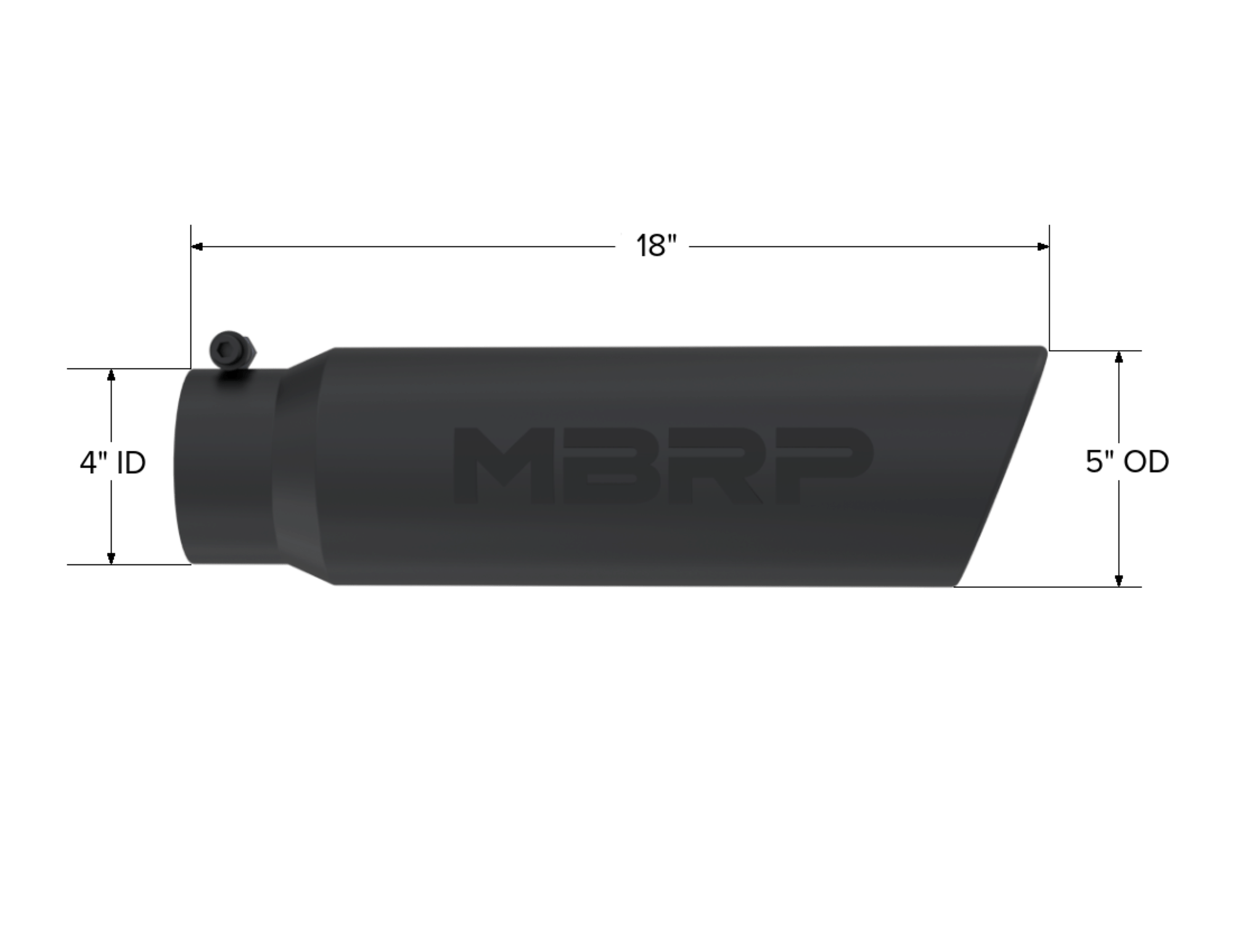 MBRP Exhaust Tip. 5in. O.D.. Angled Rolled End. 4in. inlet 18in. in length. BLK. T5124BLK