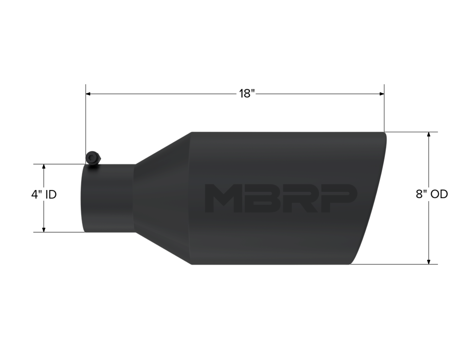 MBRP Exhaust Tip. 8in. O.D.. Rolled End. 4in. inlet 18in. in length. BLK. T5128BLK
