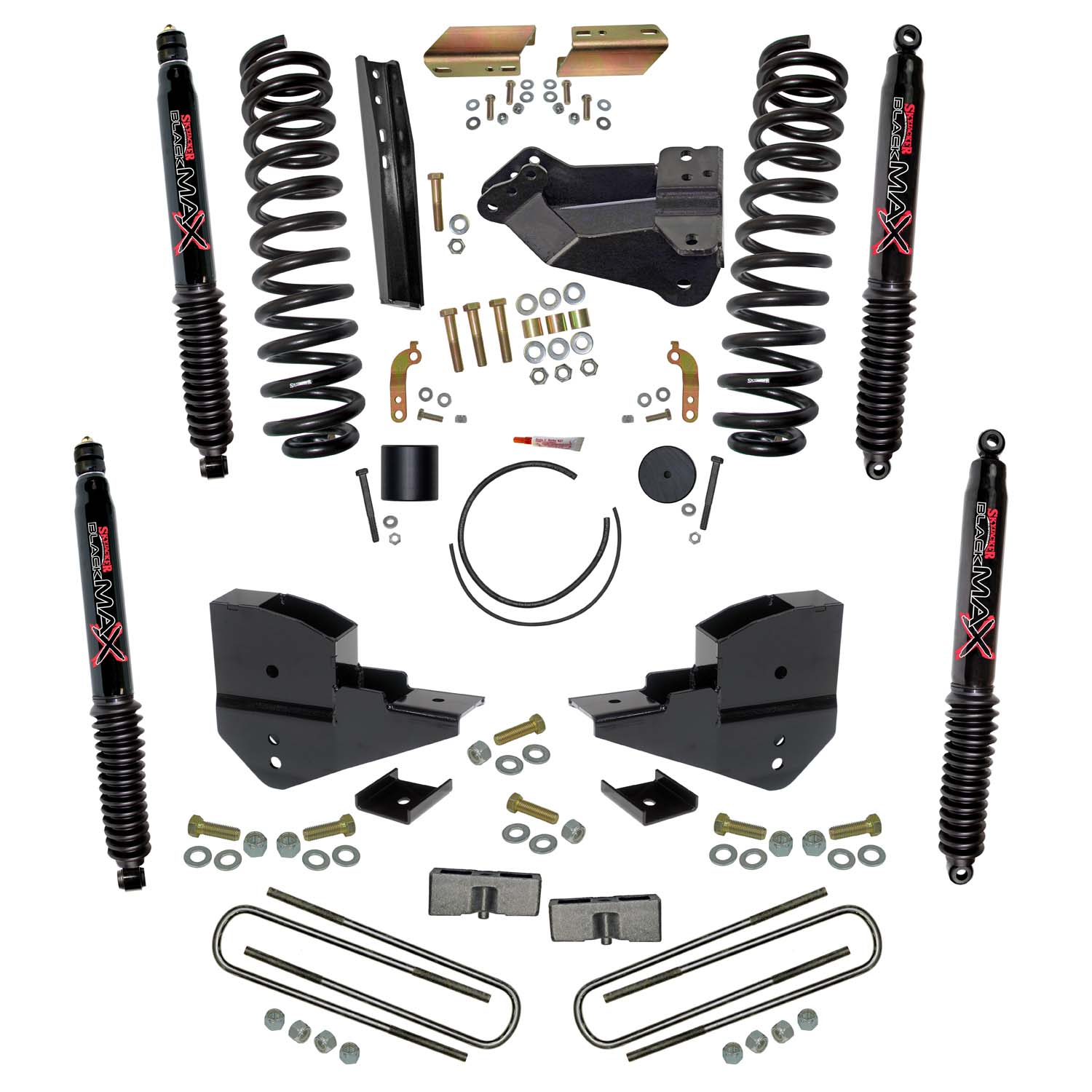 Skyjacker 4 in. Suspension Lift Kit with Front Coils; Rear Blocks; and Black MAX Shocks. F23401K-B