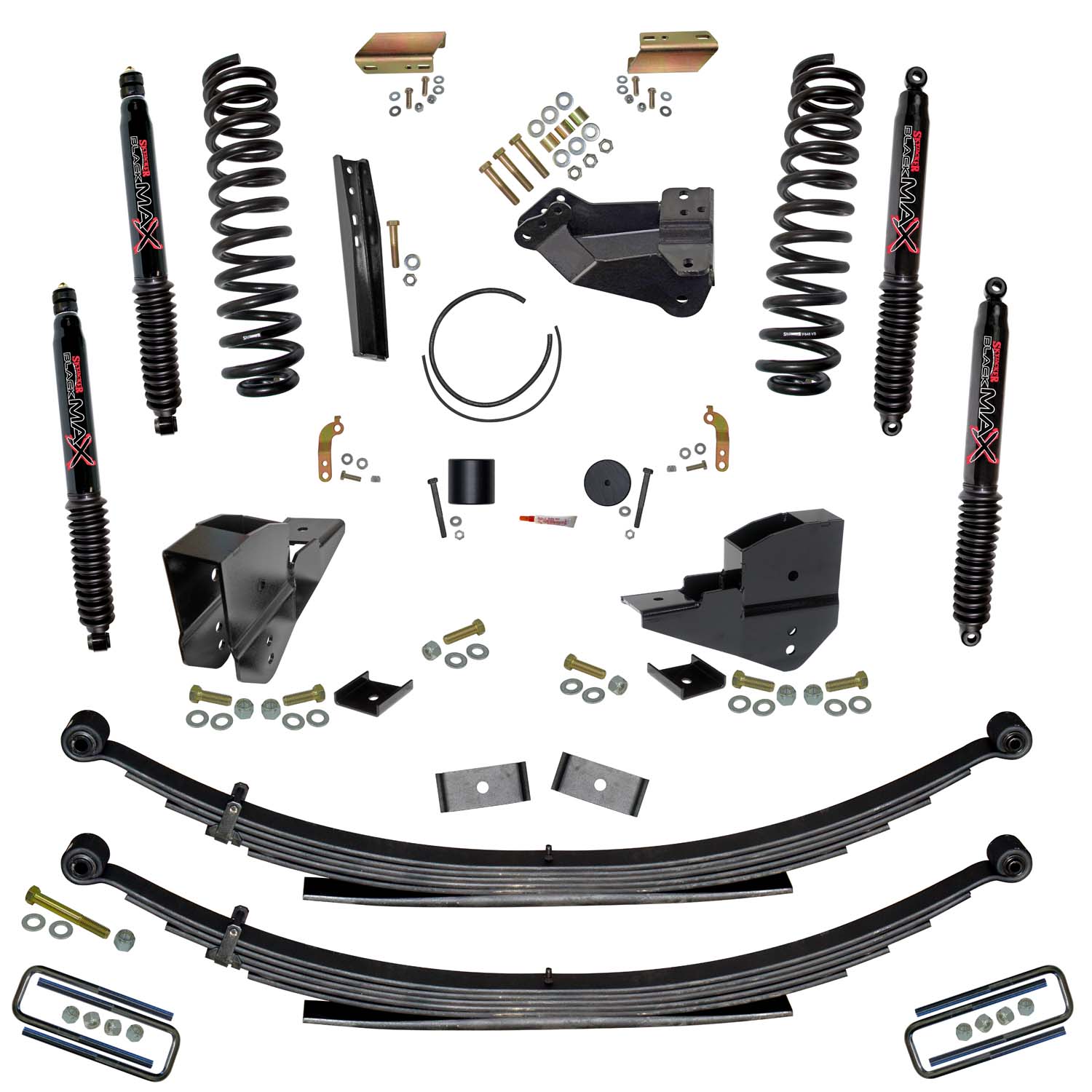Skyjacker 4 in. Lift Kit with Front Coils; Rear Leaf Springs; and Black MAX Shocks. F23401KS-B