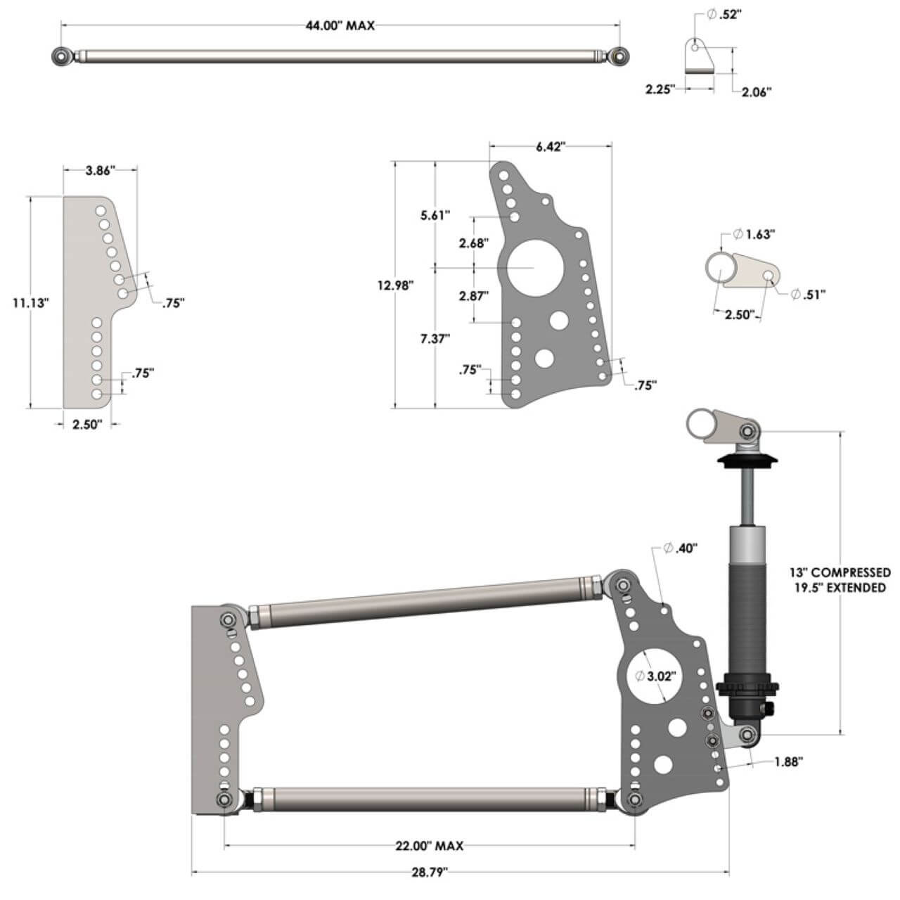 QA1 QA1 R270-150 HD Pro Rear Drag 4-Link System, Double Adjust, 150lb Springs R270-150