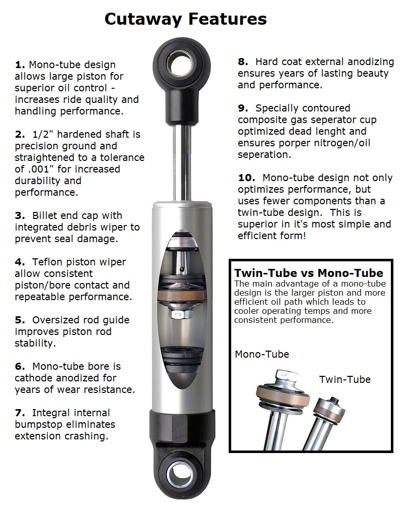 Ridetech Front HQ Shock Absorber with 5.25" stroke with narrow t-bar/eye mounting. 22159849