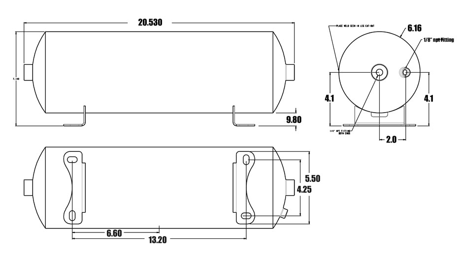 Ridetech 2 gallon aluminum air tank with two 1/4" npt ports and one 1/8" npt port. 31912100